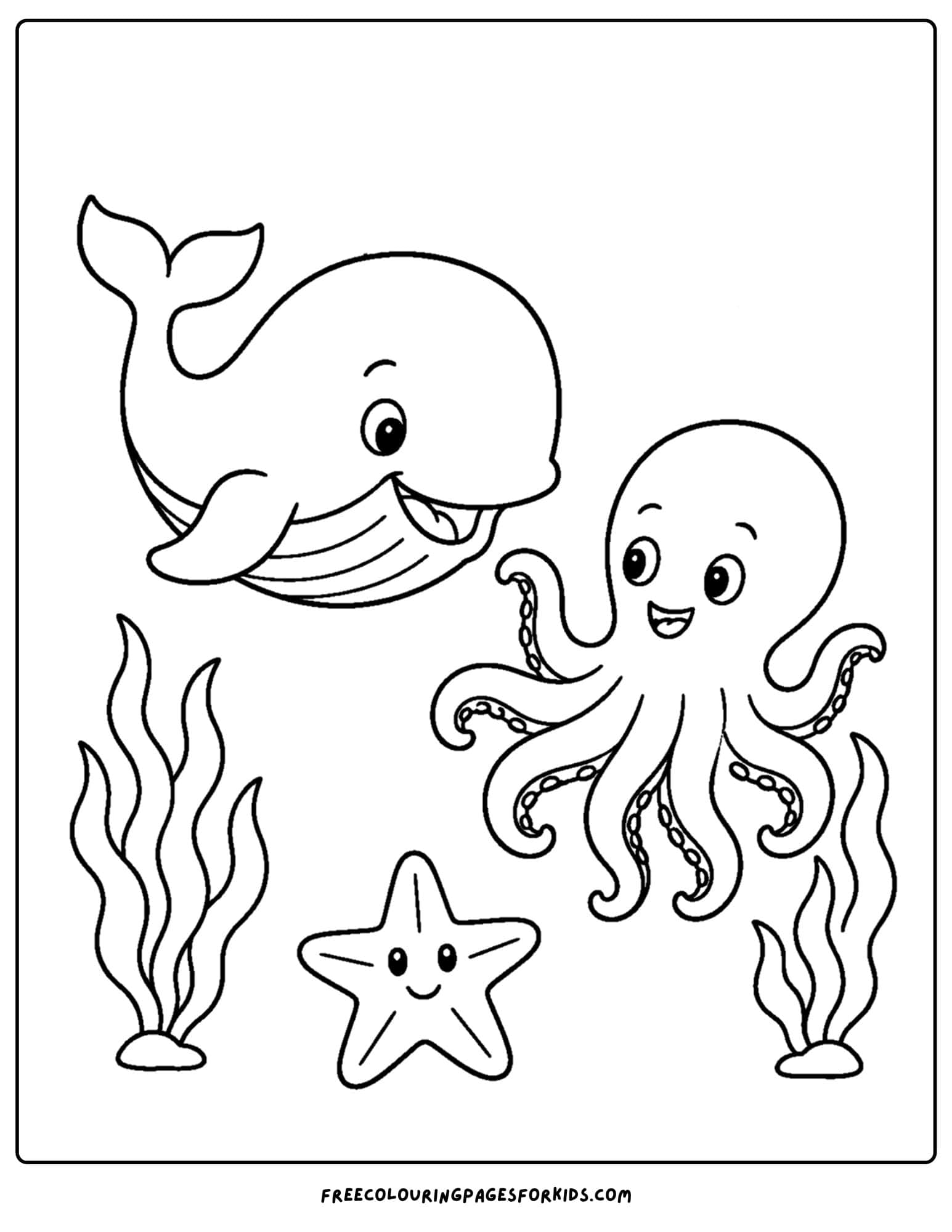 a coloring page of a whale and an octopus under the sea