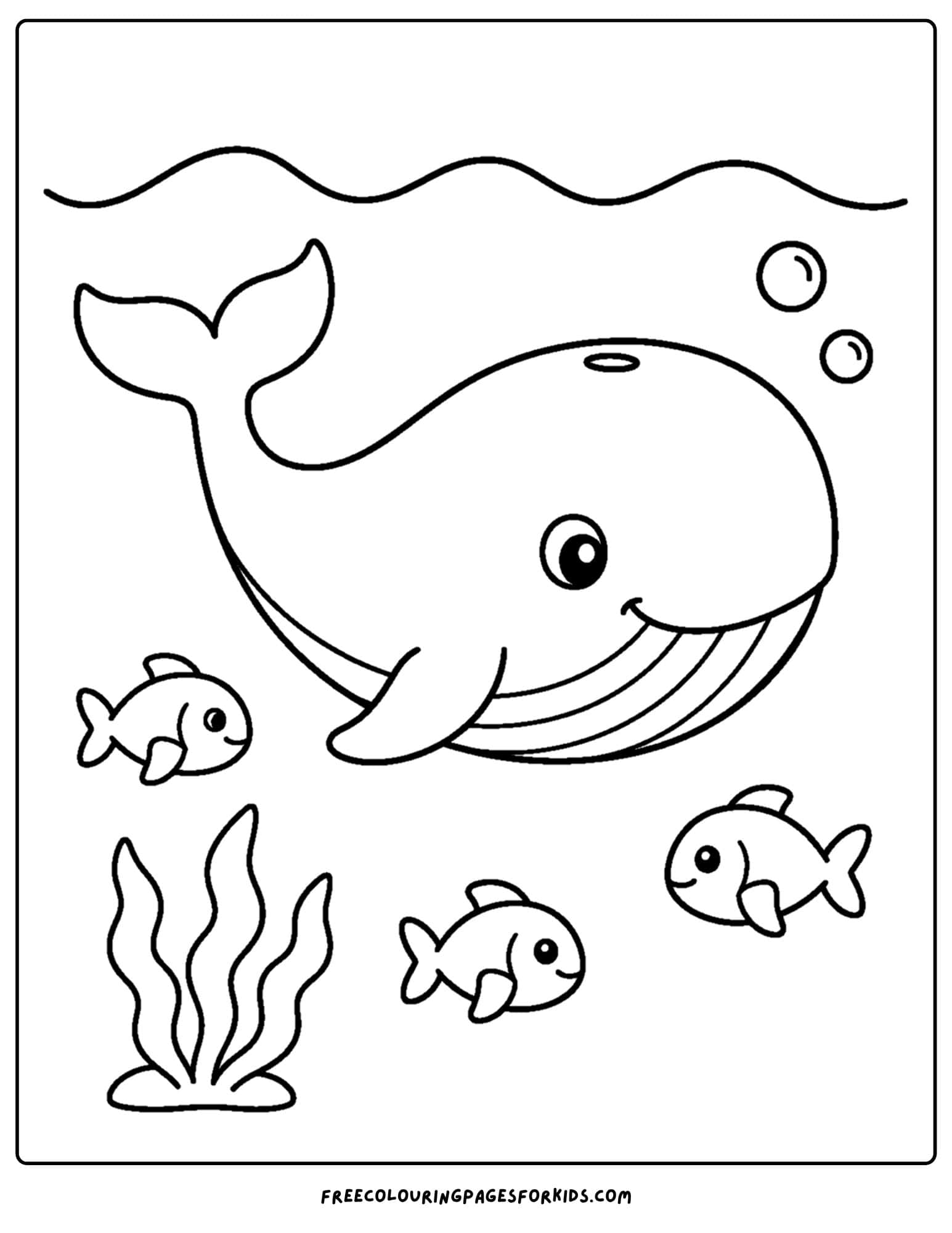 a coloring page of a whale swimming in the ocean with other fish around