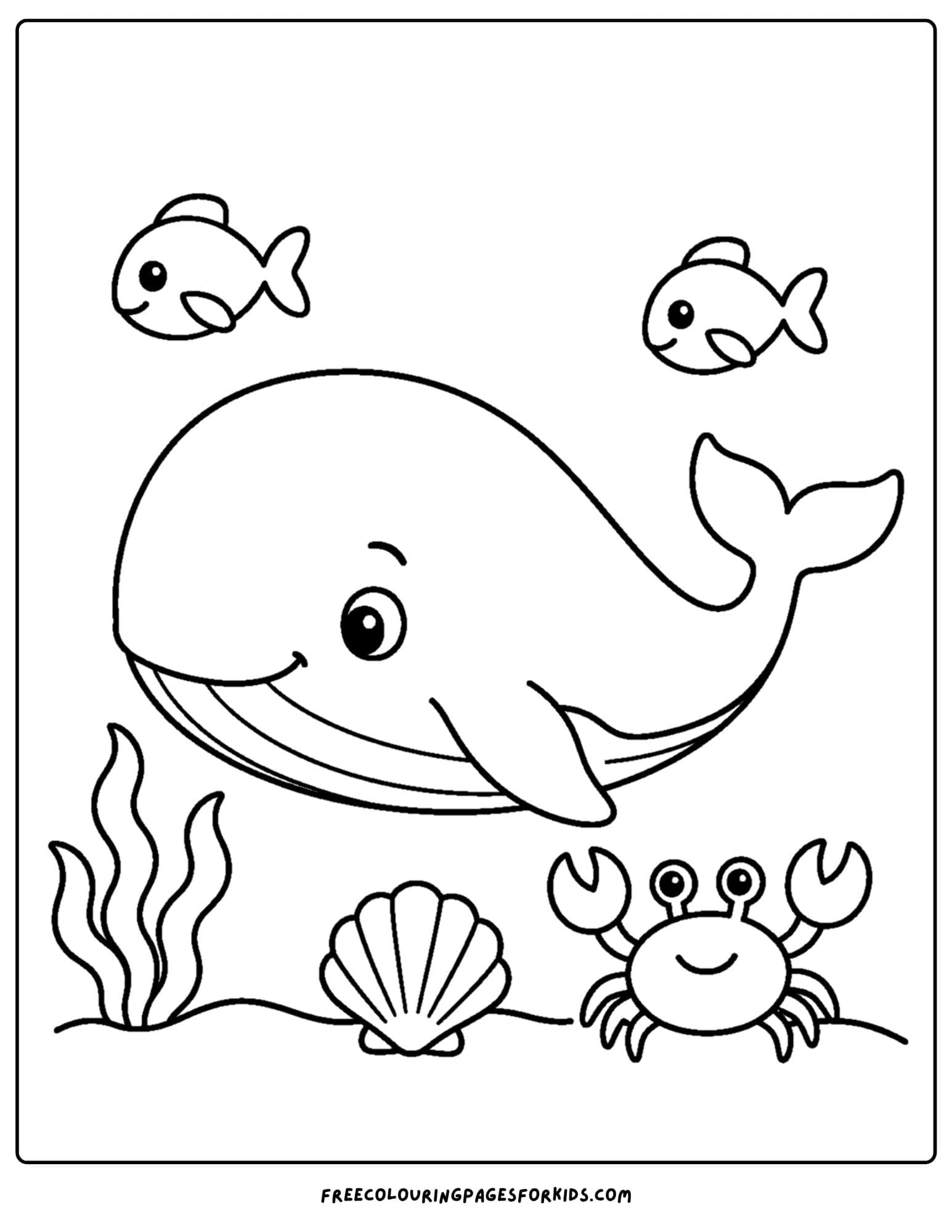 a coloring page of a whale swimming near the sea floor