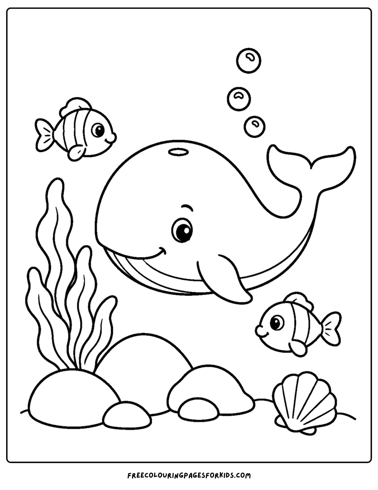 a coloring page of a whale swimming under the sea with rocks and coral