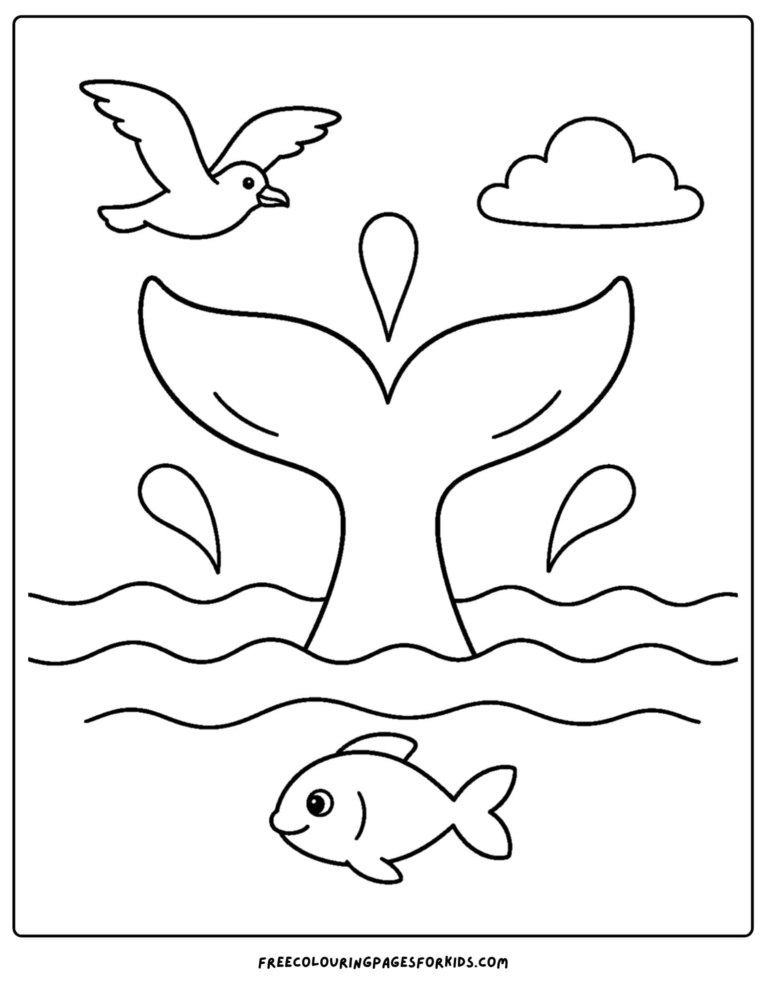 a coloring page of a whale tale splashing at the surface of the ocean