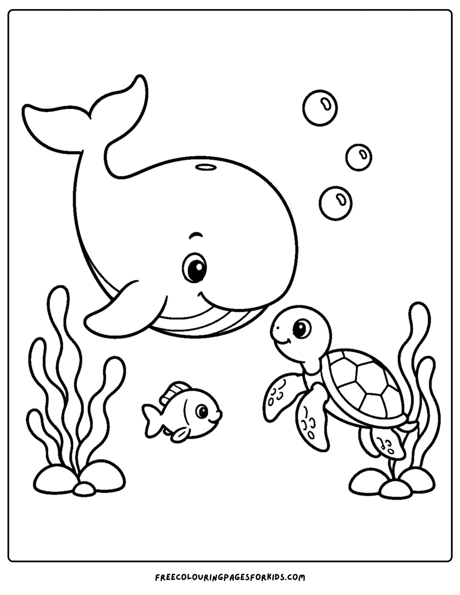 a coloring page of a whale meeting a turtle in the ocean