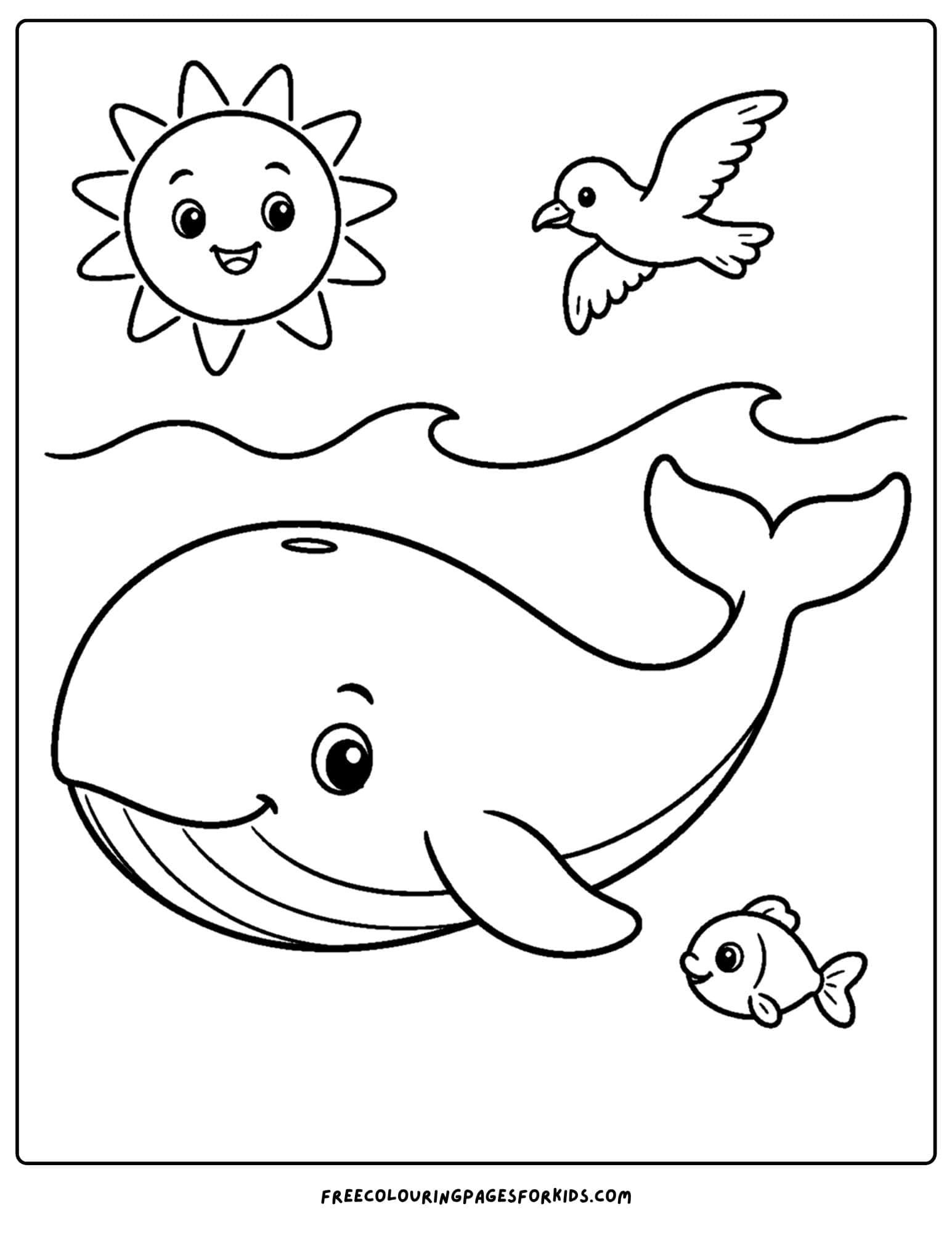 a coloring page of a whale swimming under a bright sun