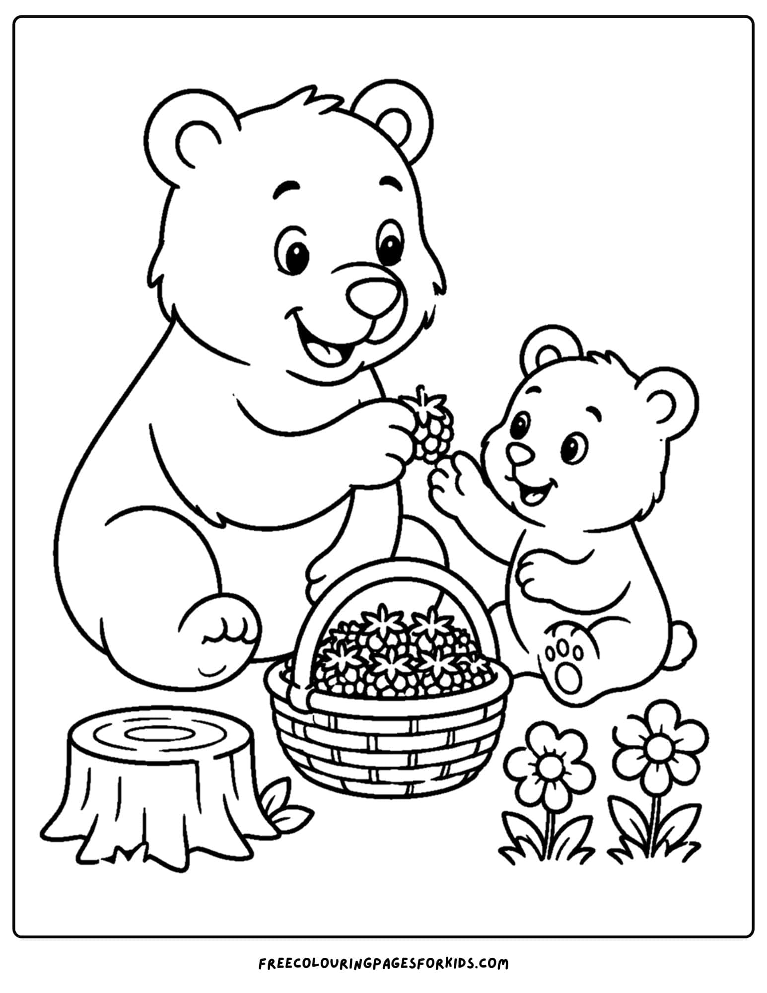 a zoo animal coloring page featuring bears eating berries from a basket