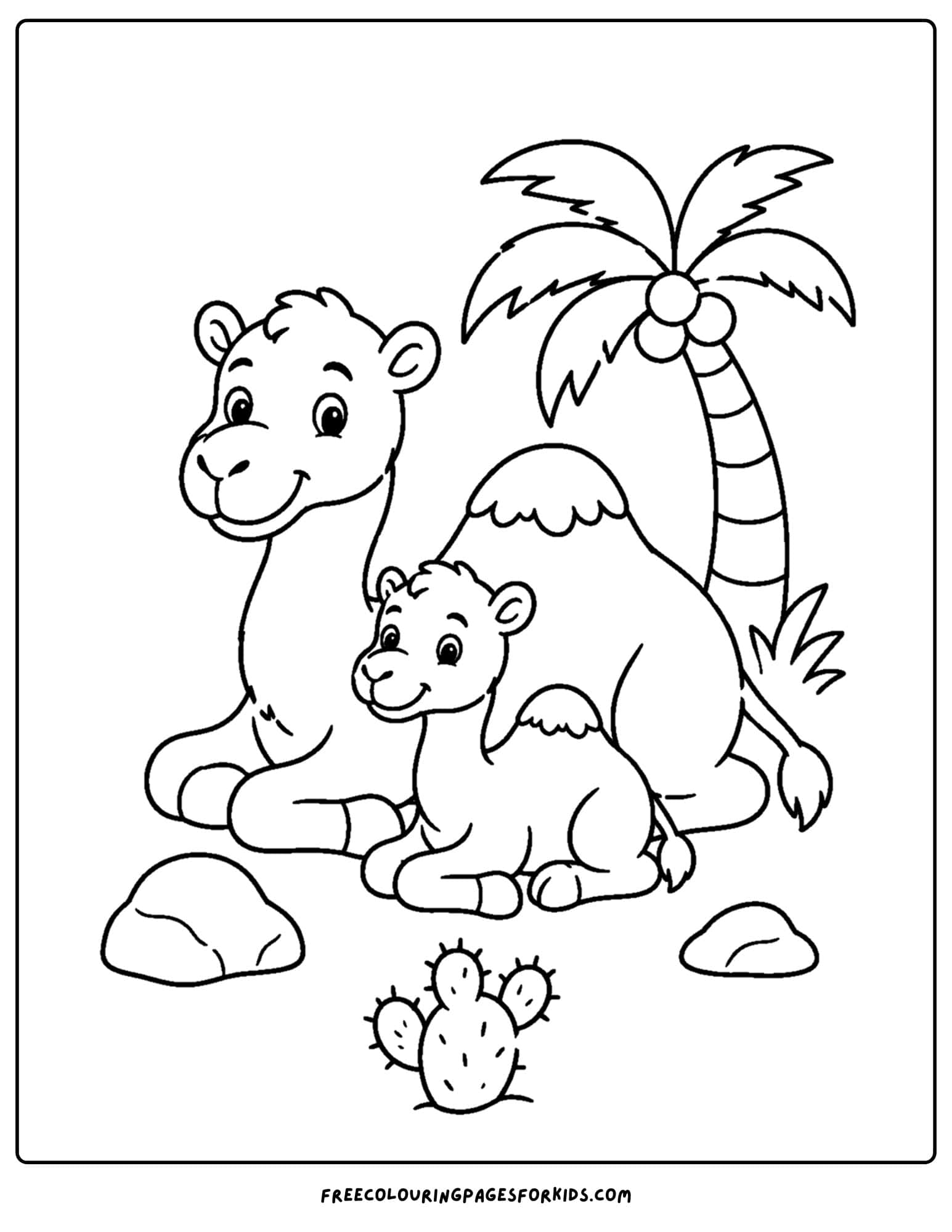 a zoo animal coloring page featuring two camels resting on the ground