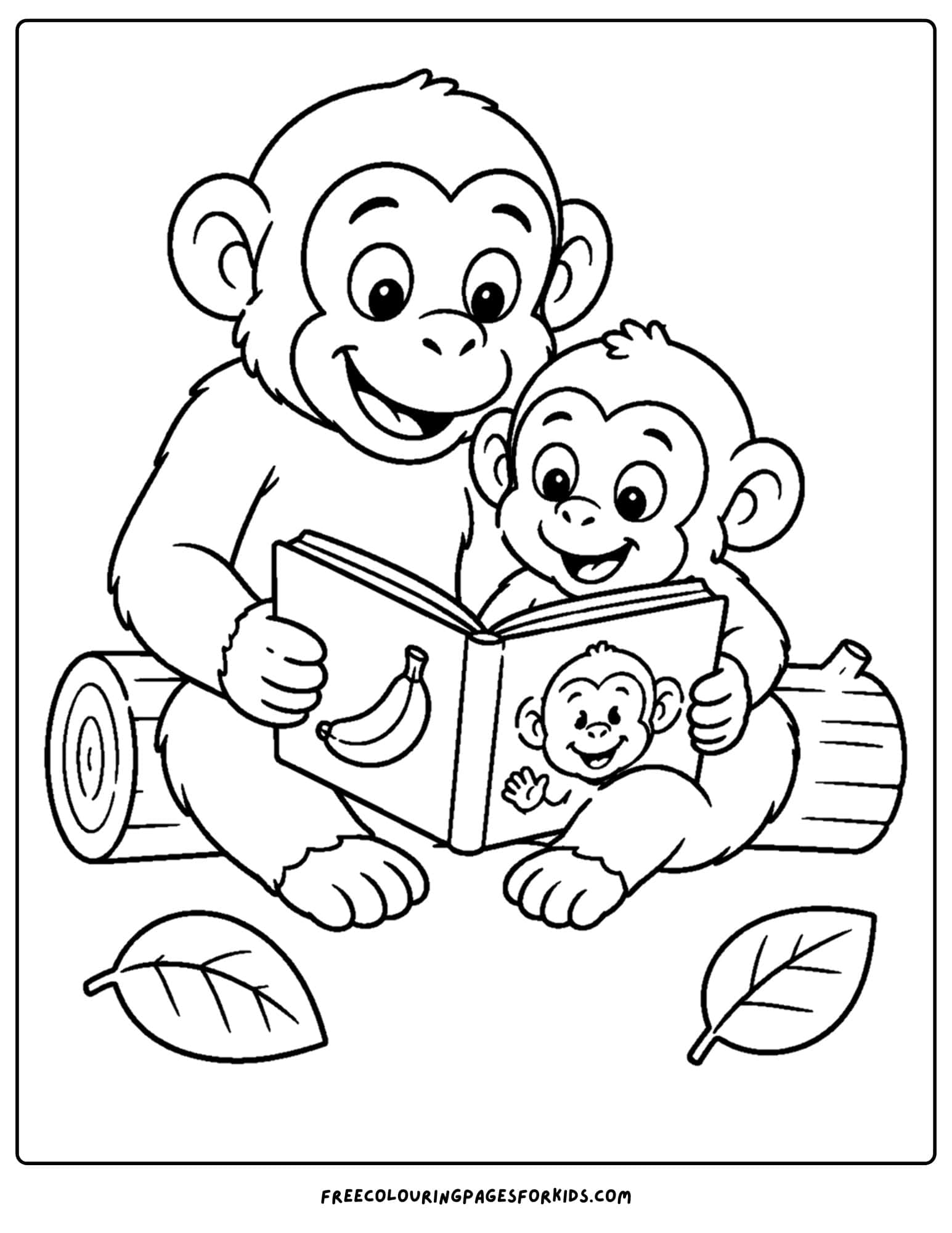 a zoo animal coloring page featuring a chimp and a baby holding a book