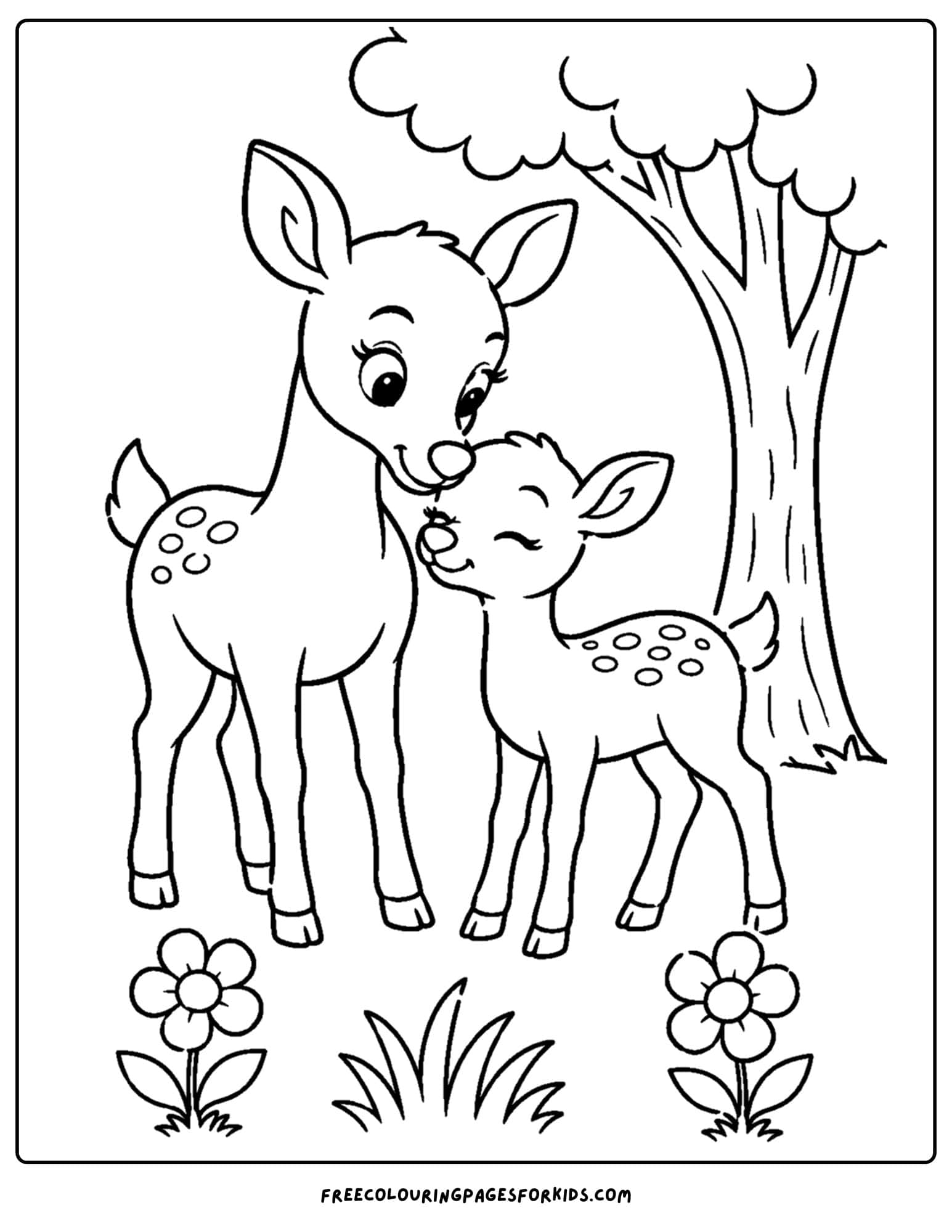a zoo animal coloring page featuring a deer nuzzling its fawn