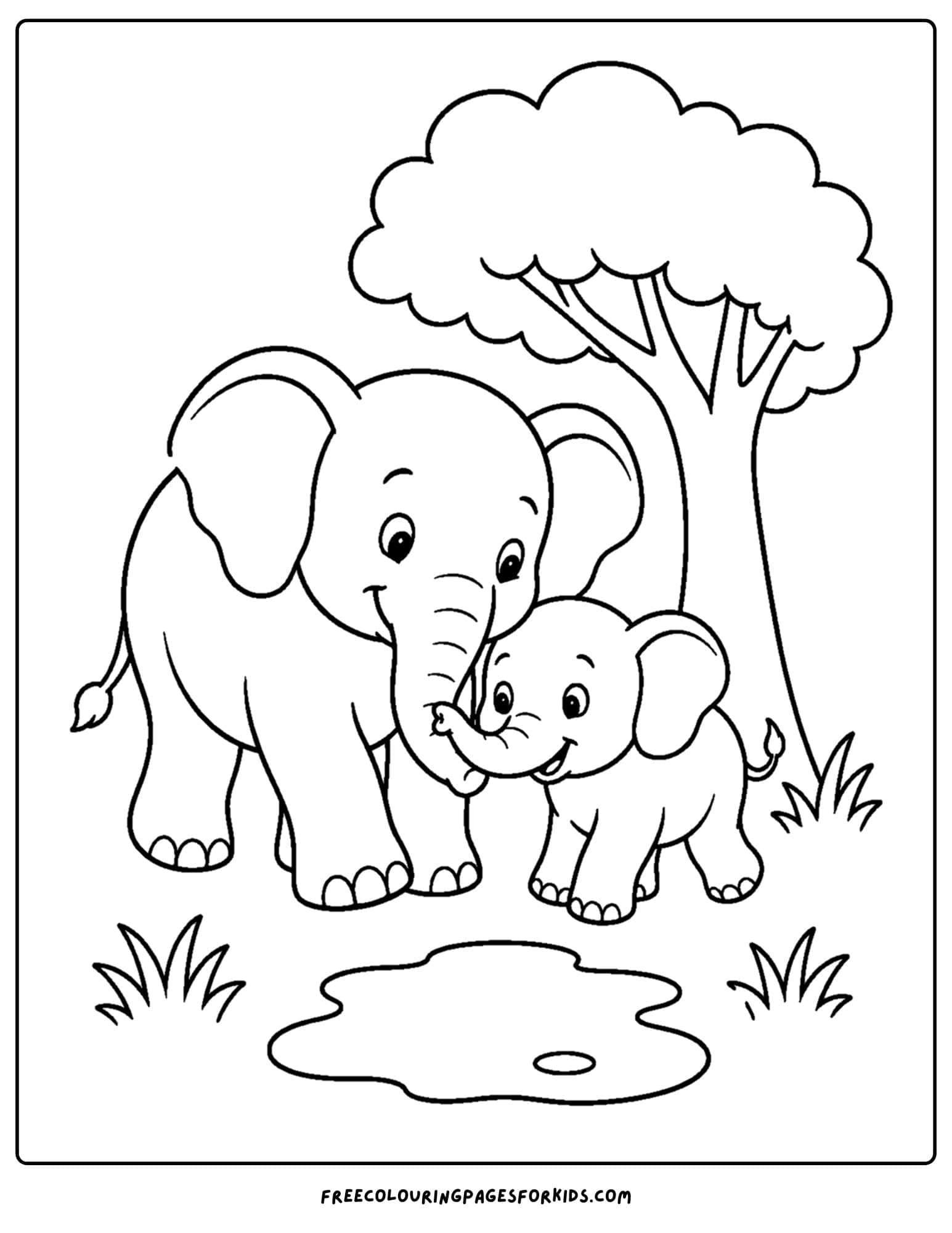 a zoo animal coloring page featuring an elephant family out for a walk