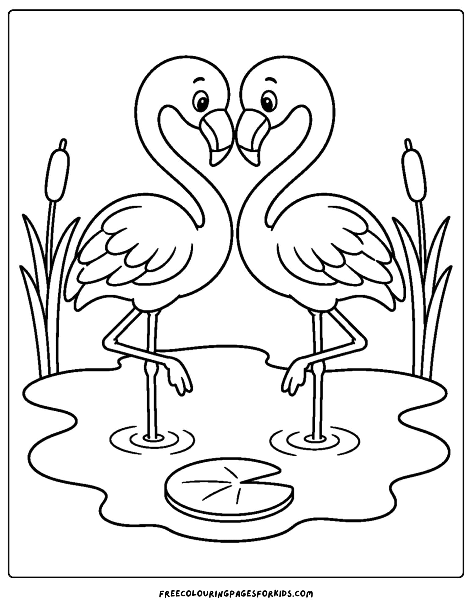 a zoo animal coloring page featuring two flamingos making a heart shaped pose