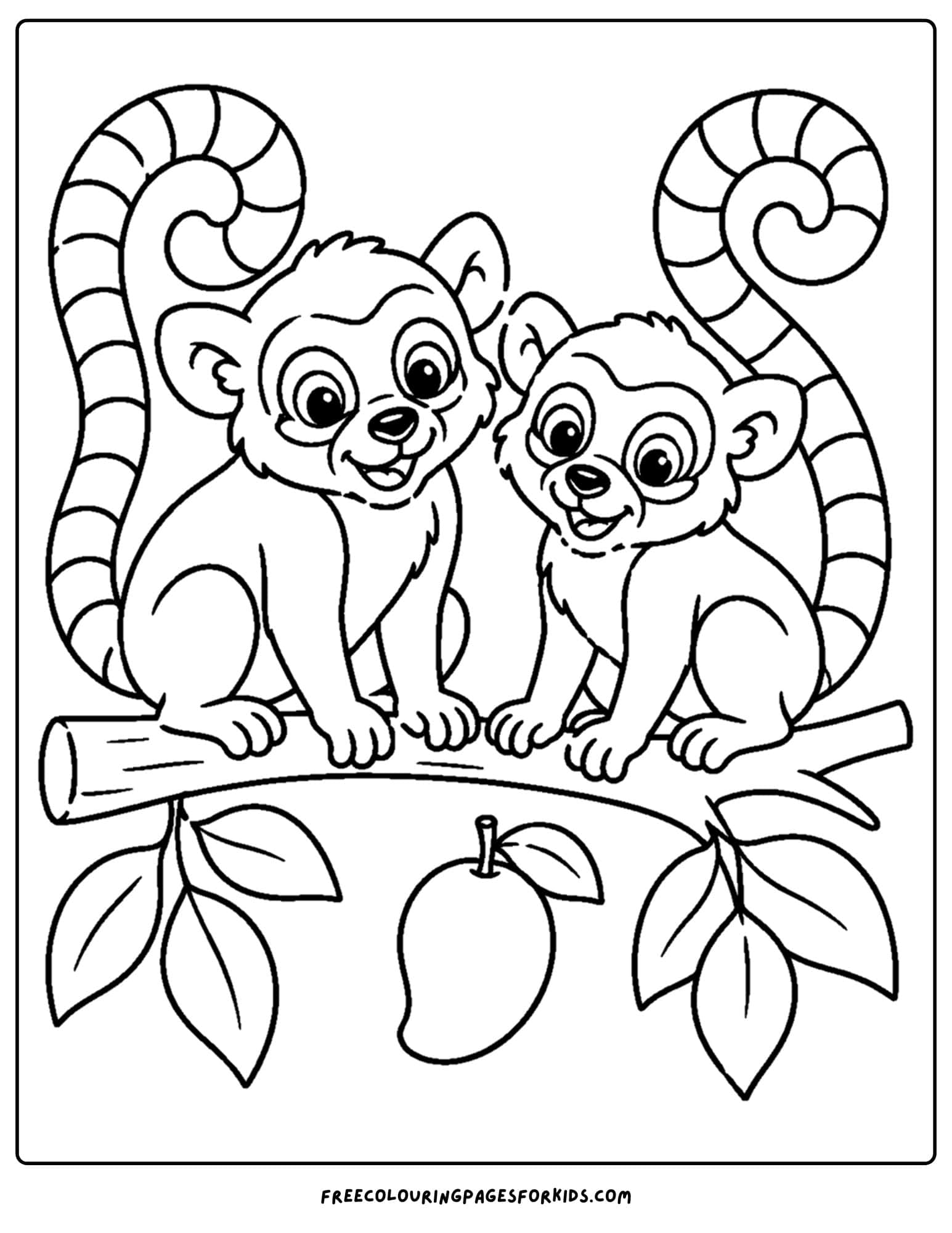 a zoo animal coloring page featuring two lemurs with their talks up