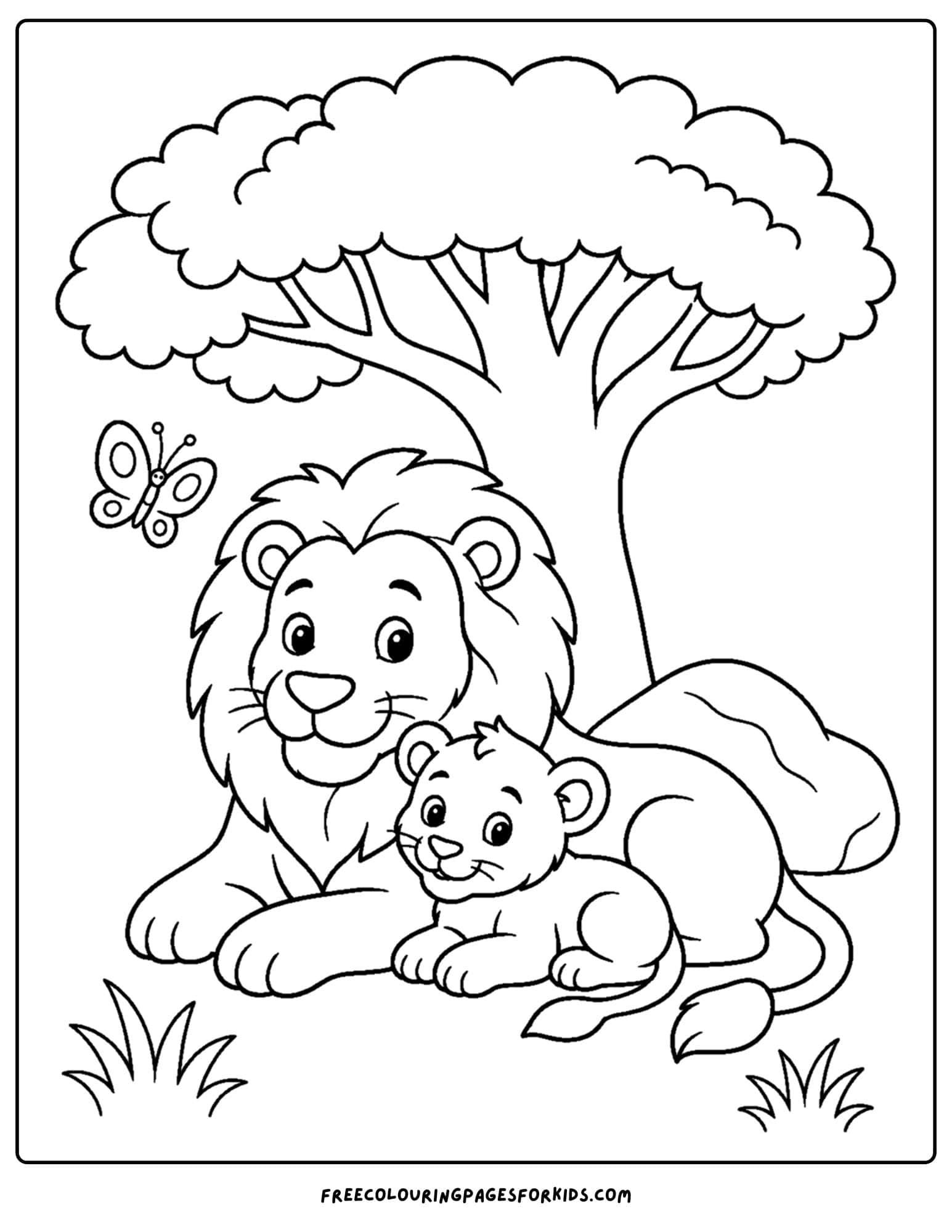 a zoo animal coloring page featuring a lion and a lion cub together under a tree