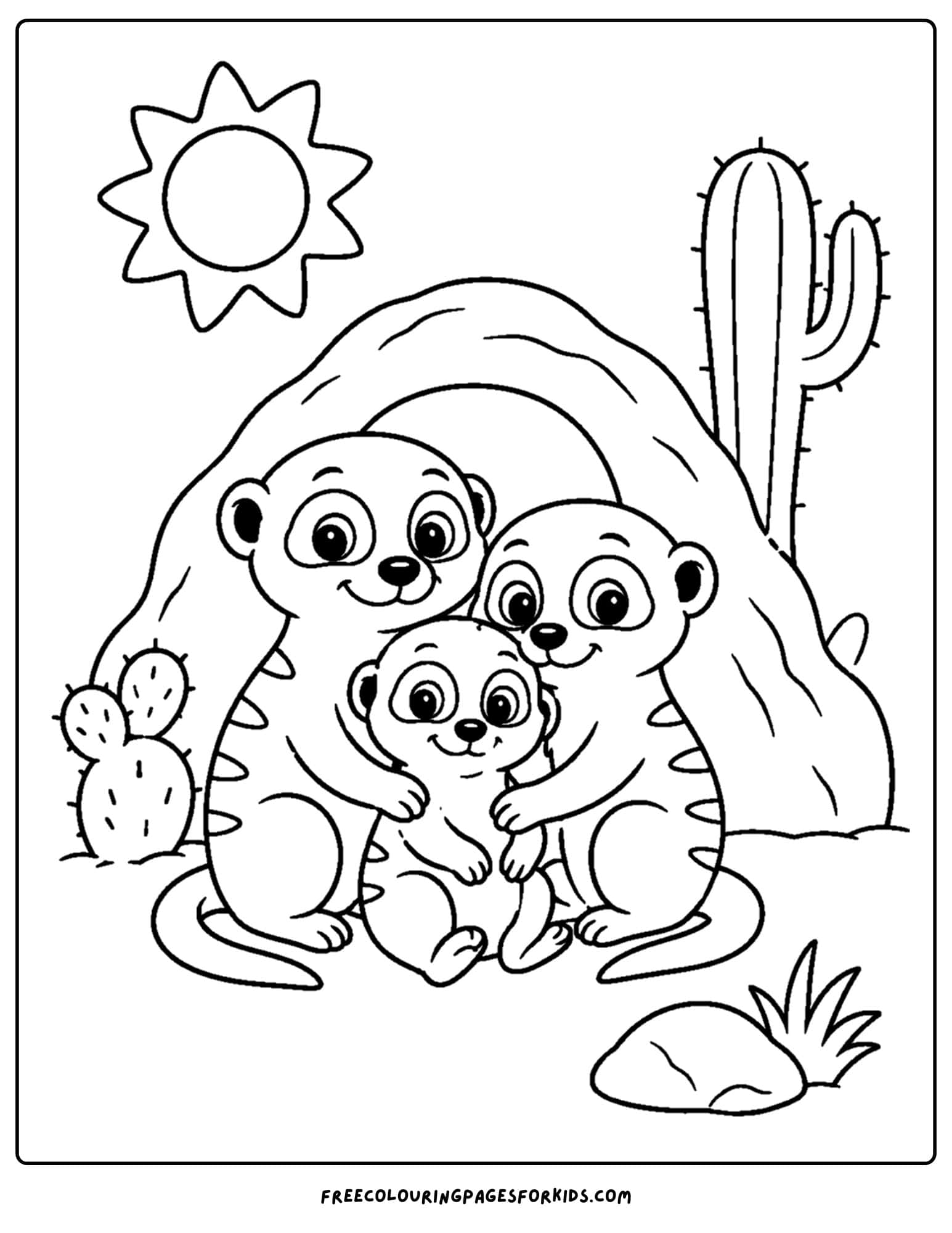 a zoo animal coloring page featuring a meerkat family