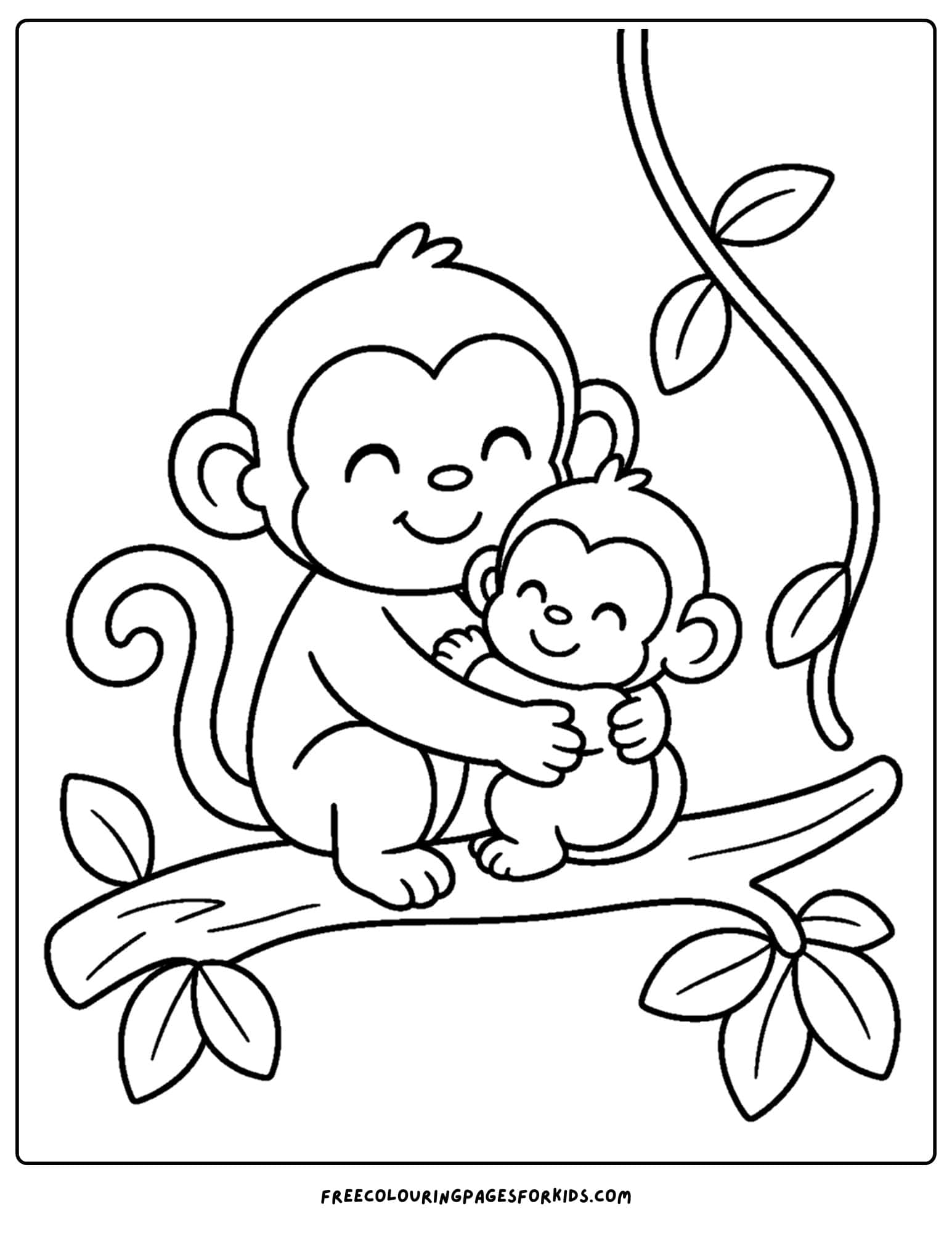 a zoo animal coloring page featuring monkey and a baby monkey on a tree branch