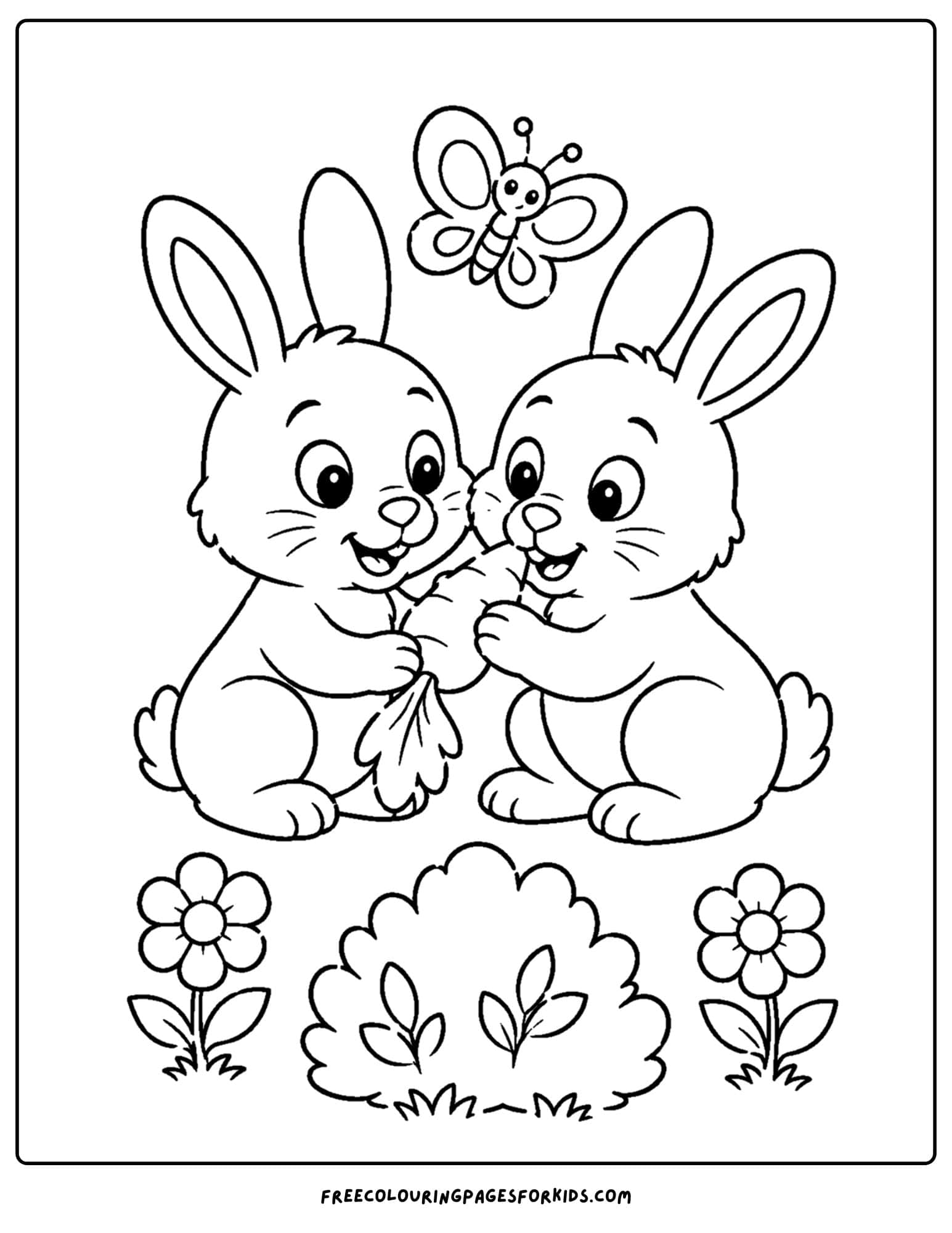 a zoo animal coloring page featuring two rabbits with a carrot