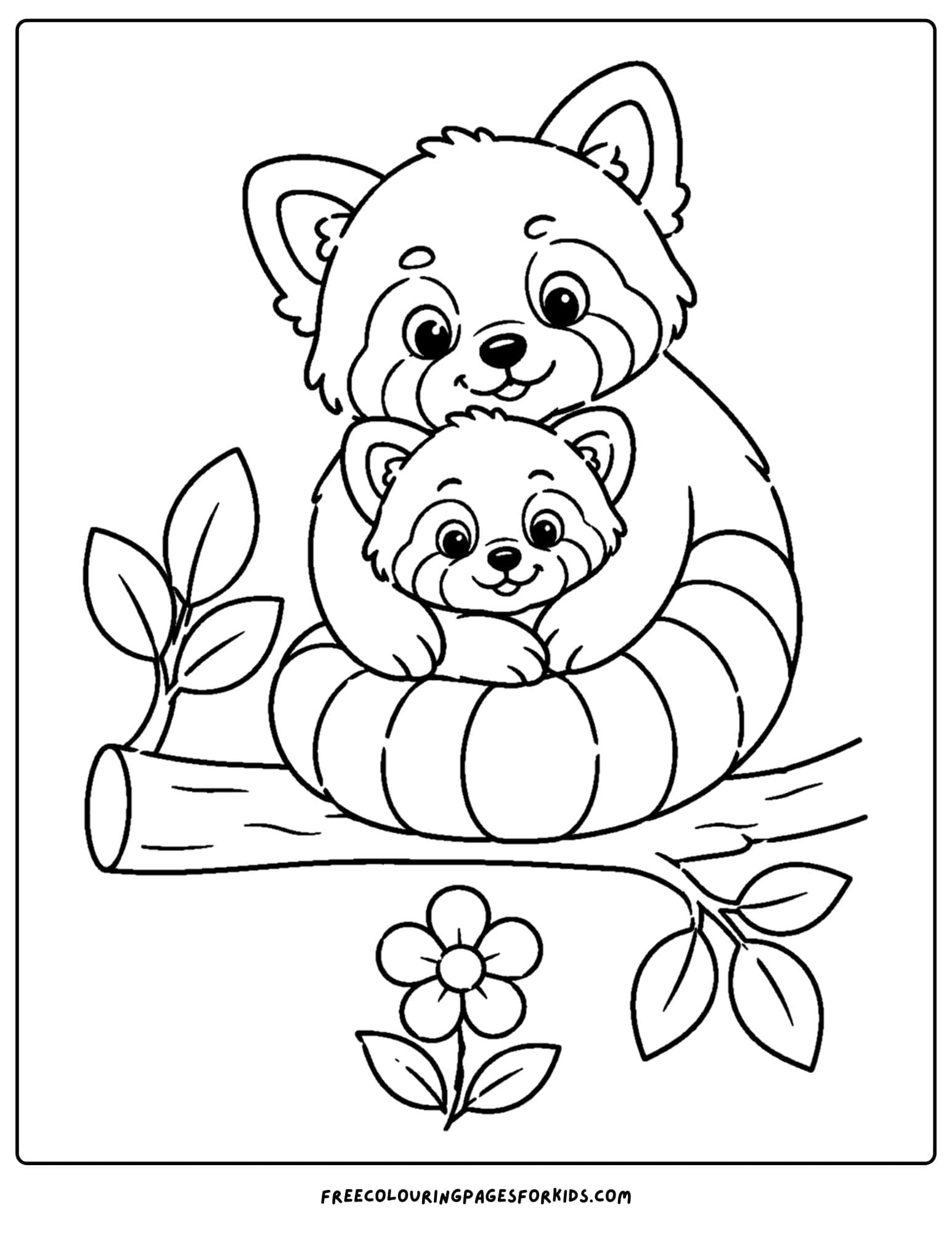 a zoo animal coloring page featuring a red panda cuddling its baby