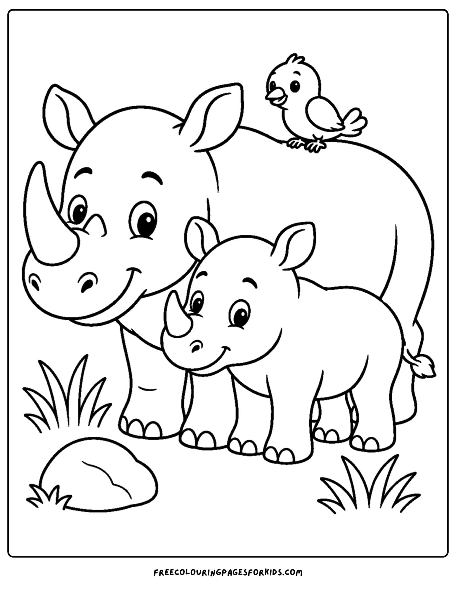 a zoo animal coloring page featuring a rhino and its baby with a bird on its back