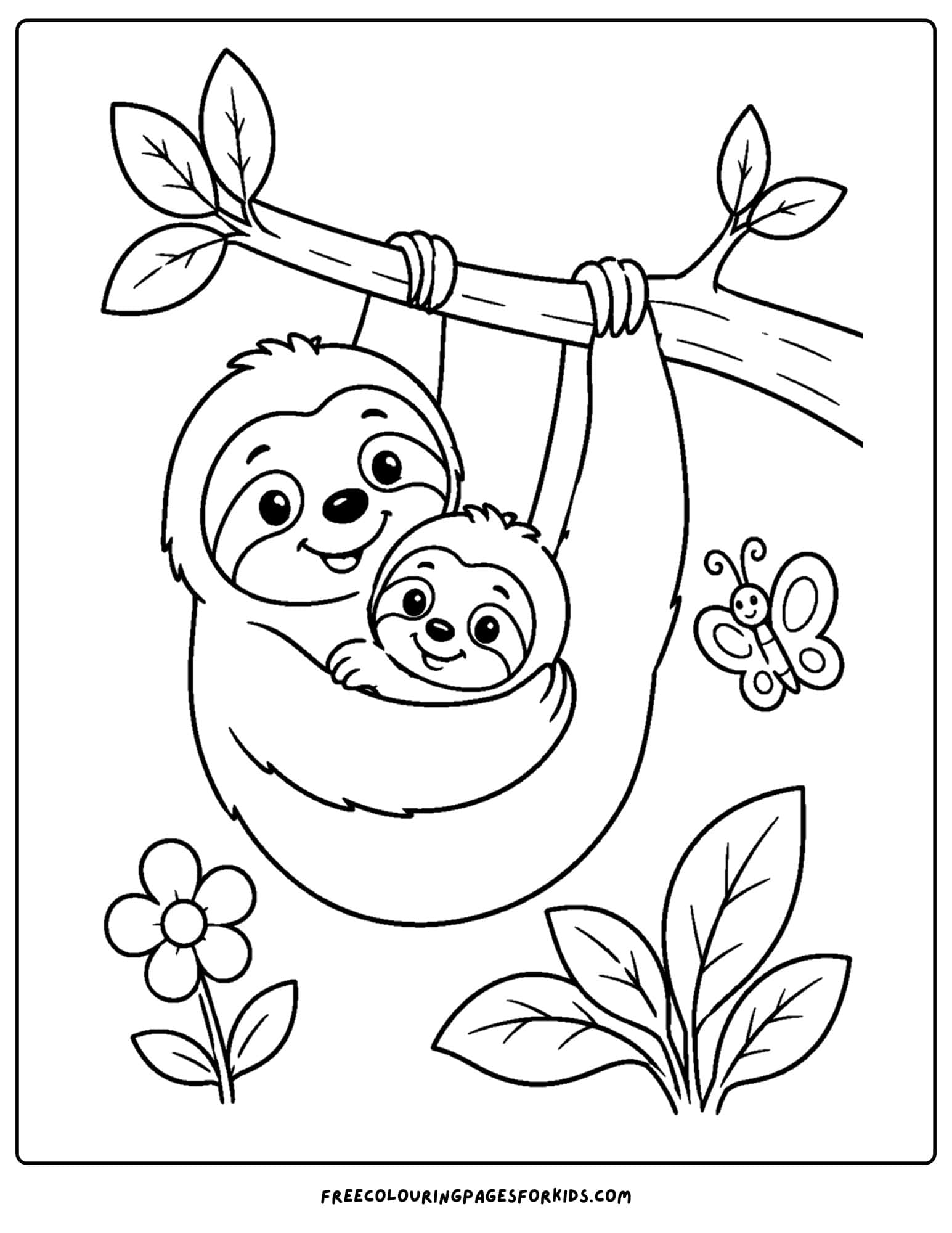 a zoo animal coloring page featuring a sloth hugging their baby