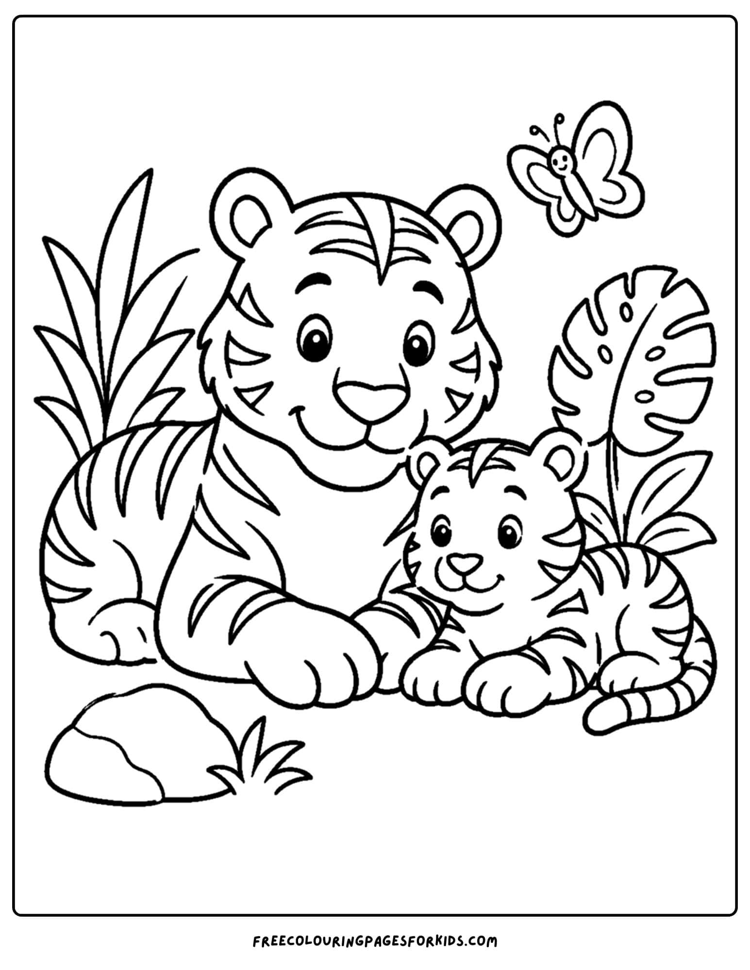a zoo animal coloring page featuring a tiger and their cub snuggling