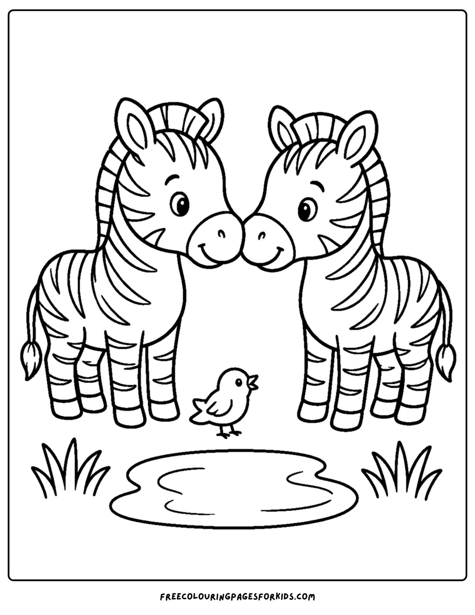 a zoo animal coloring page featuring two zebras nose to nose