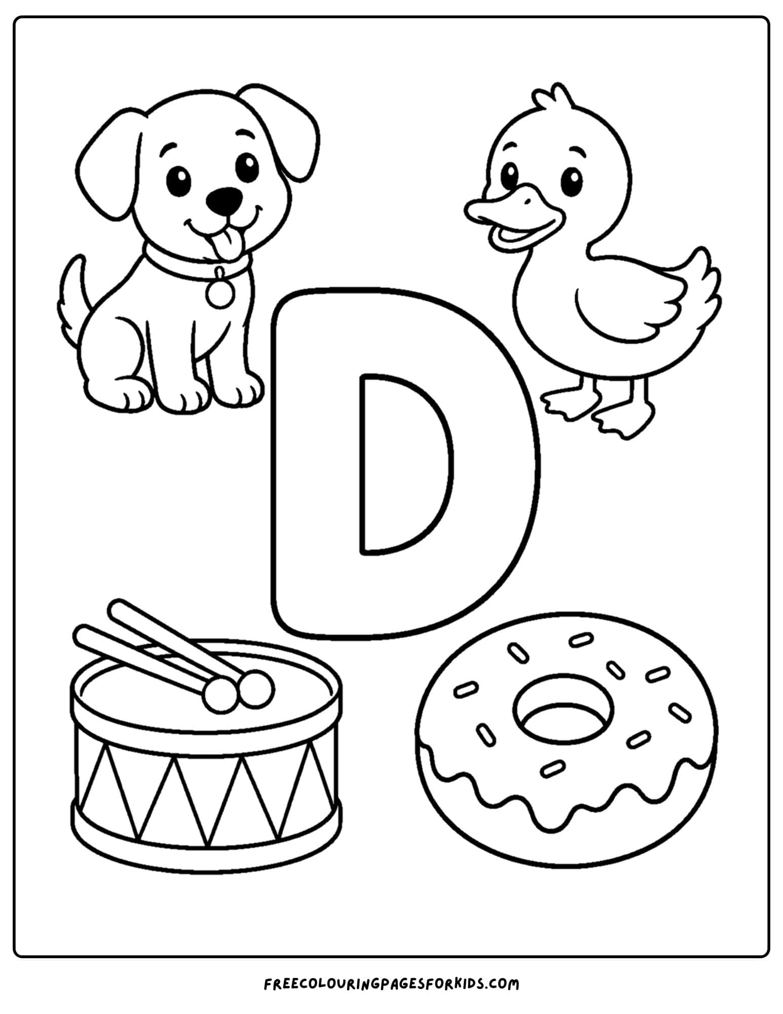 an alphabet coloring page for the letter d