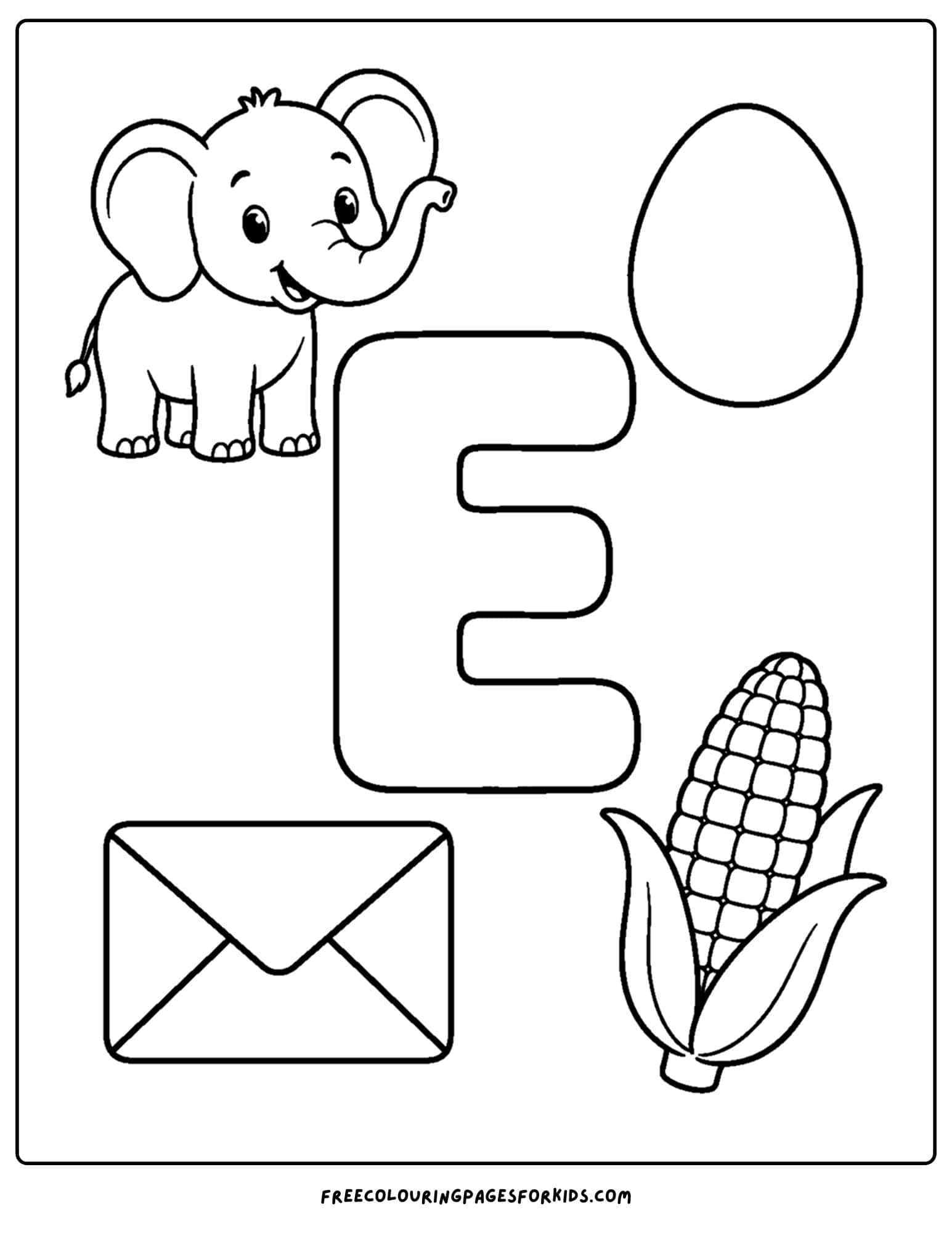 an alphabet coloring page for the letter e