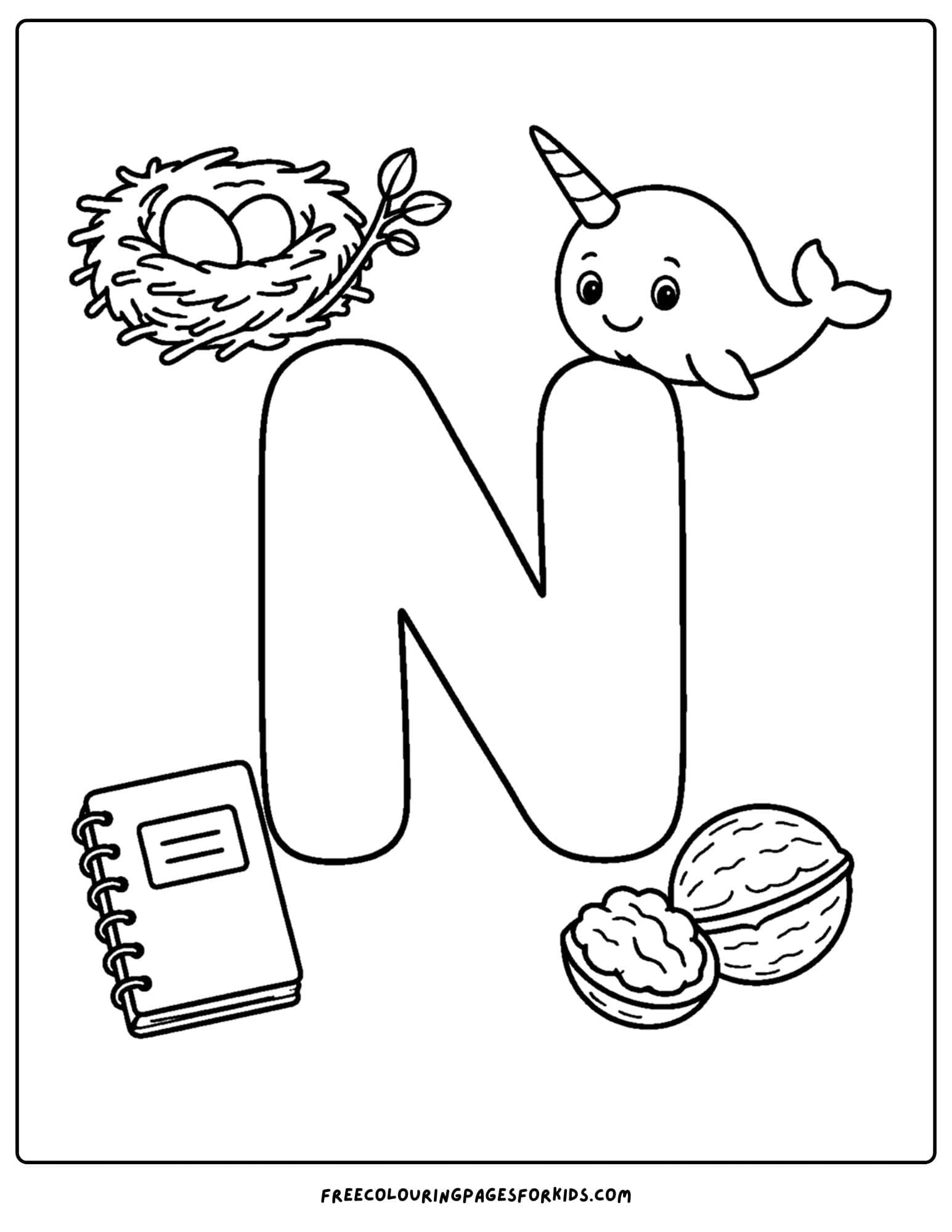 an alphabet coloring page for the letter n