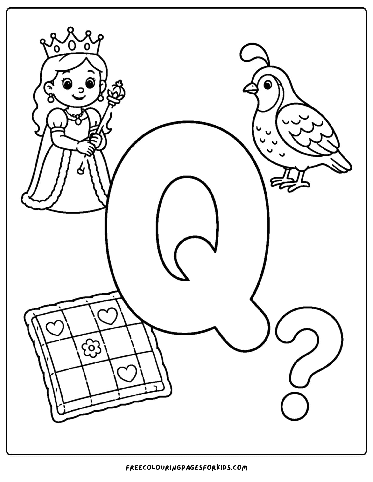 an alphabet coloring page for the letter q