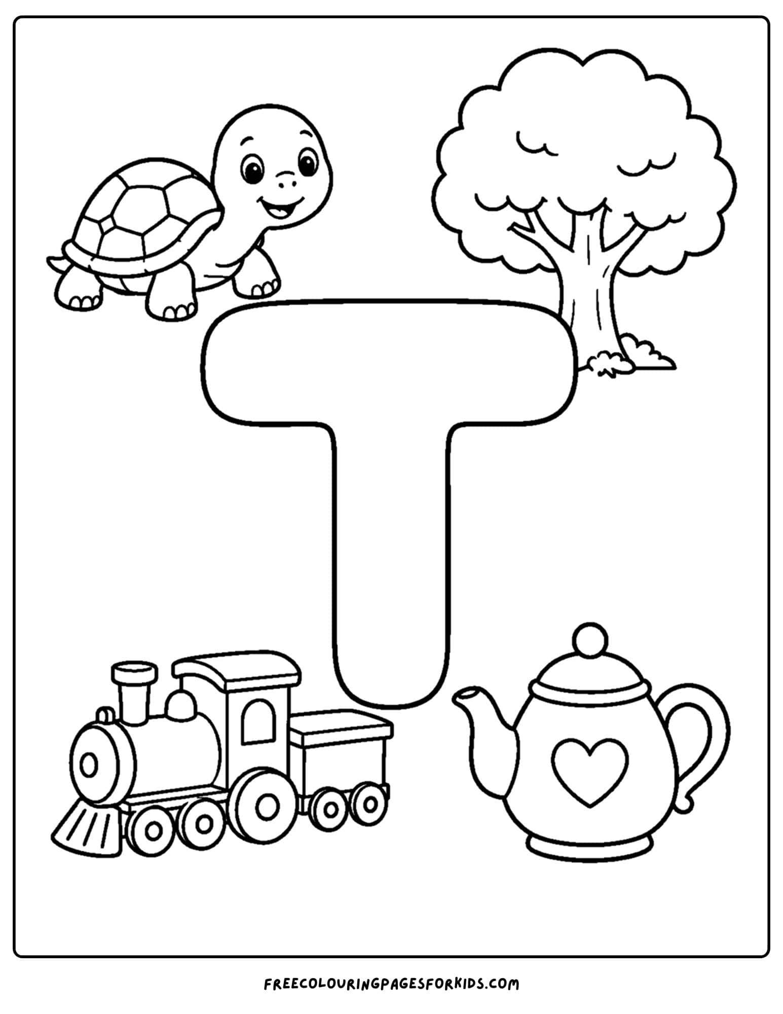 an alphabet coloring page for the letter t