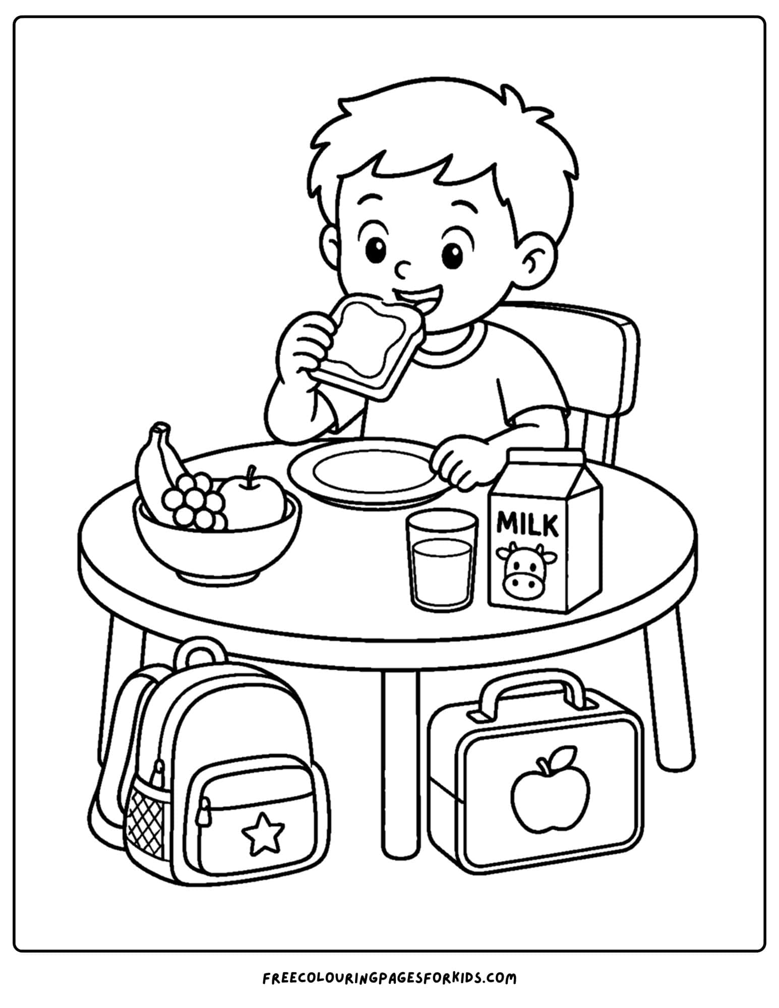 a back to school coloring page showing a child having breakfast before school