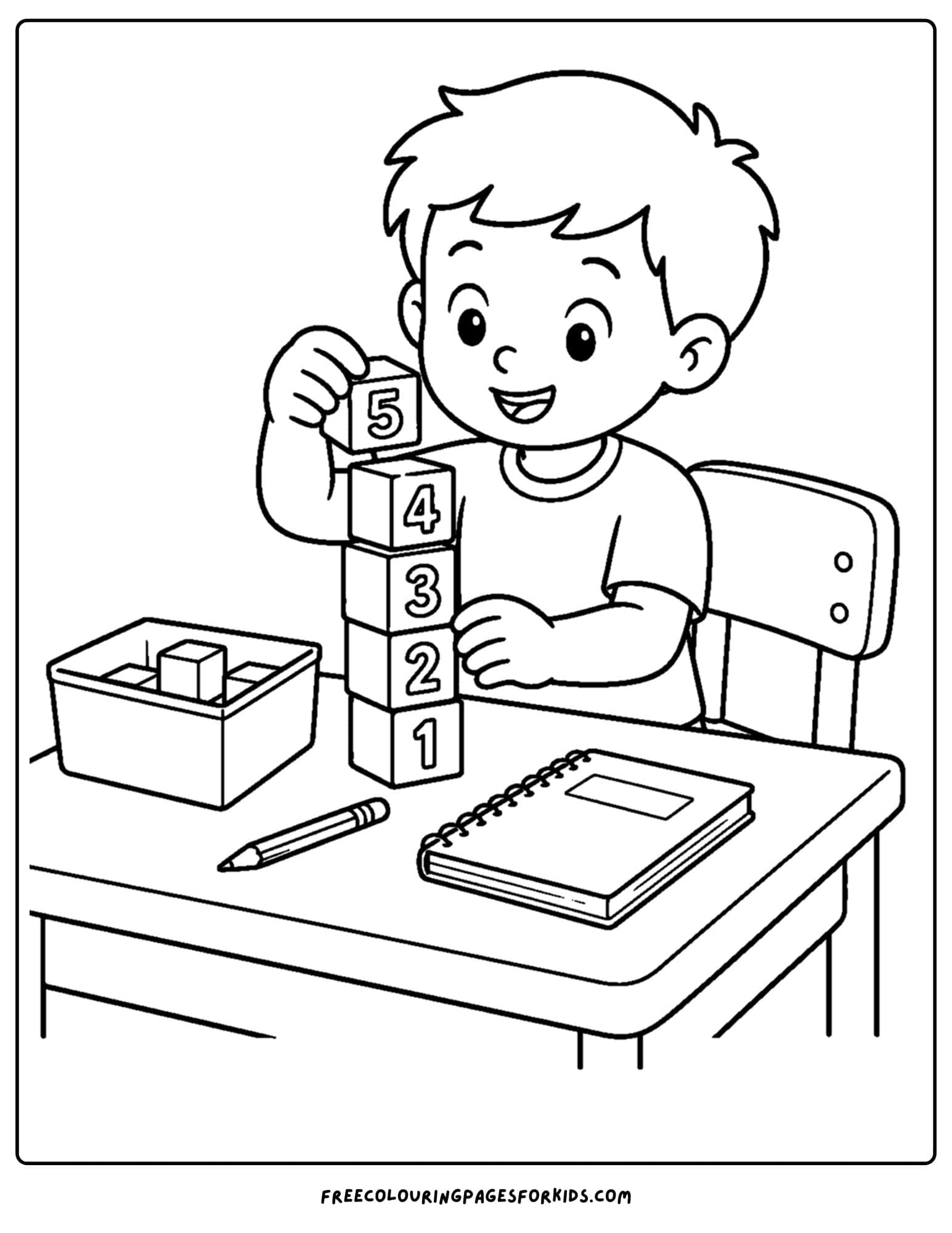 a back to school coloring page showing a child stacking number blocks on their desk