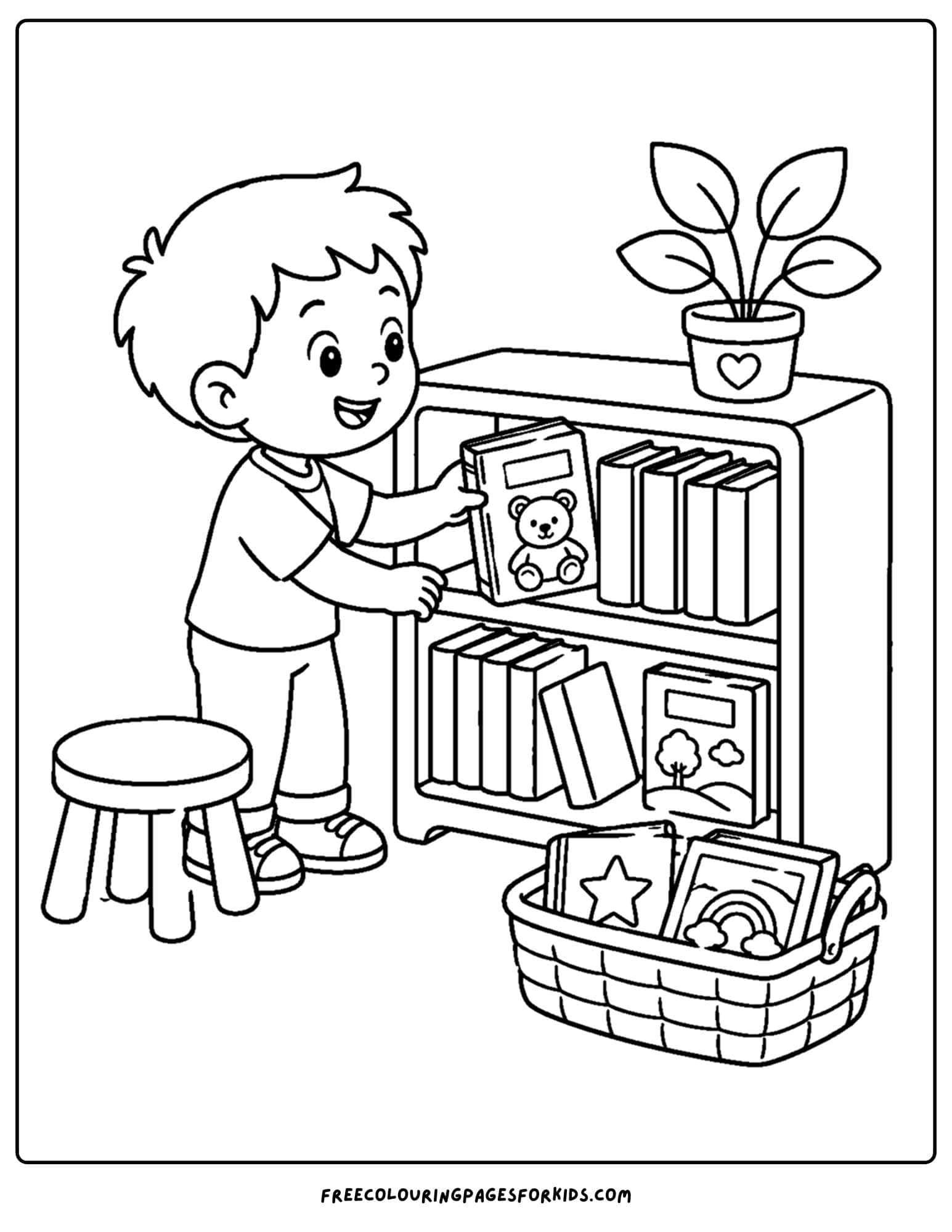 a back to school coloring page showing a child picking a book to read