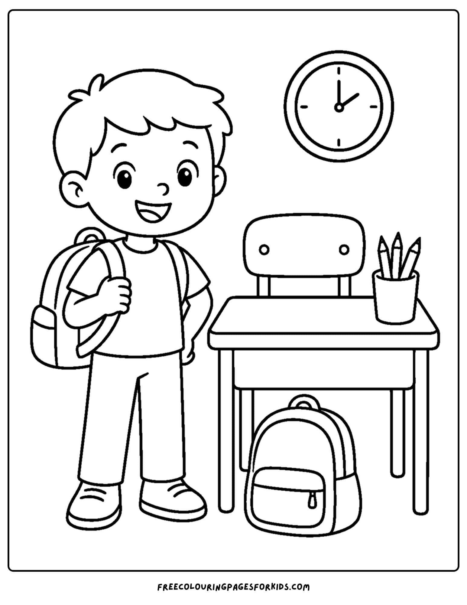 a back to school coloring page showing a child standing next to their school desk