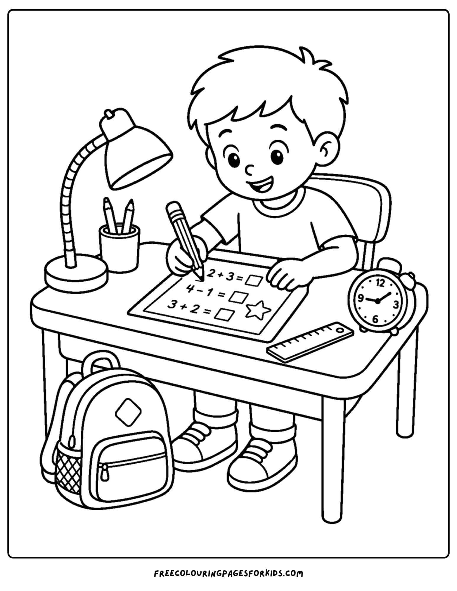 a back to school coloring page showing a child completing a maths worksheet
