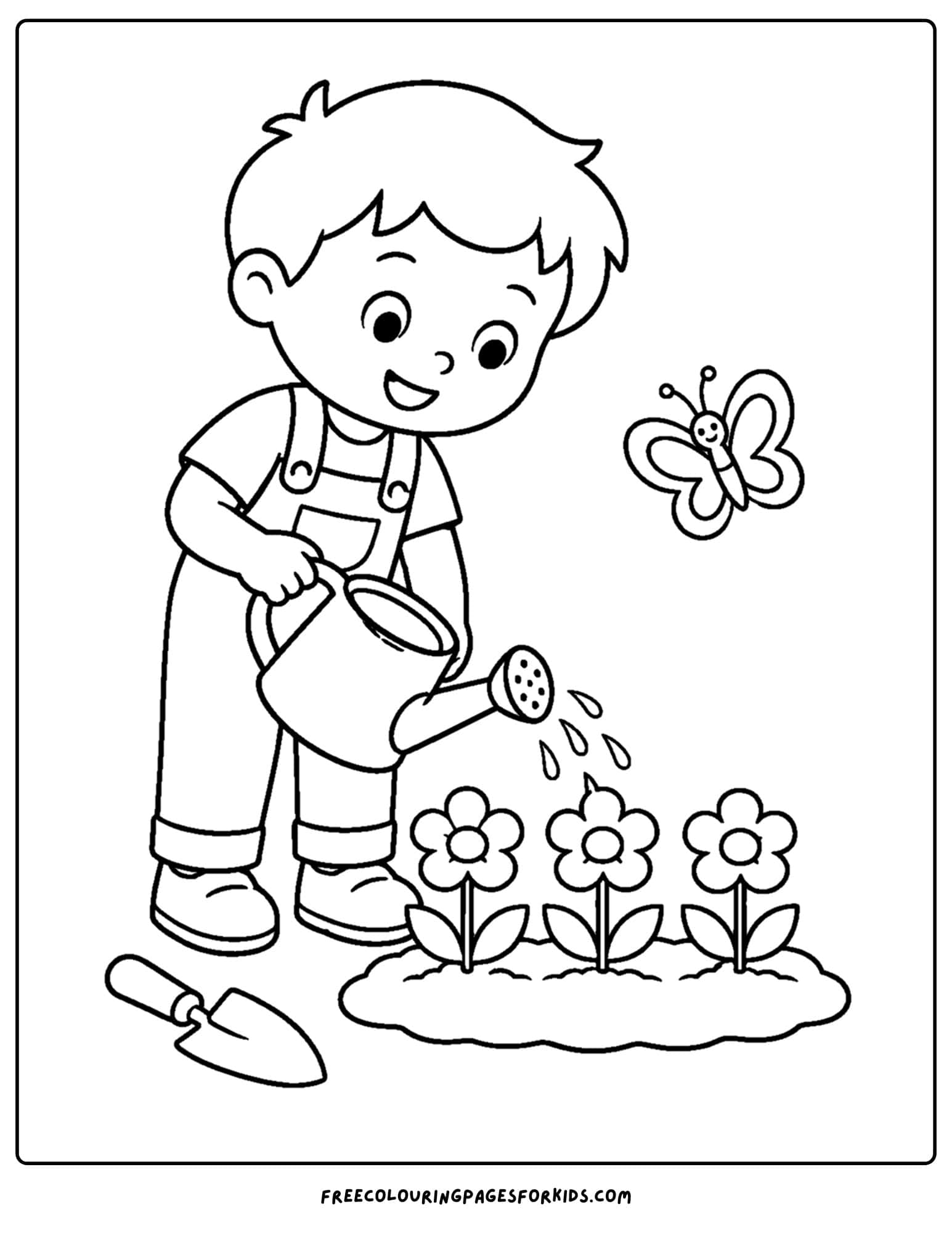 a back to school coloring page showing a child watering the school garden