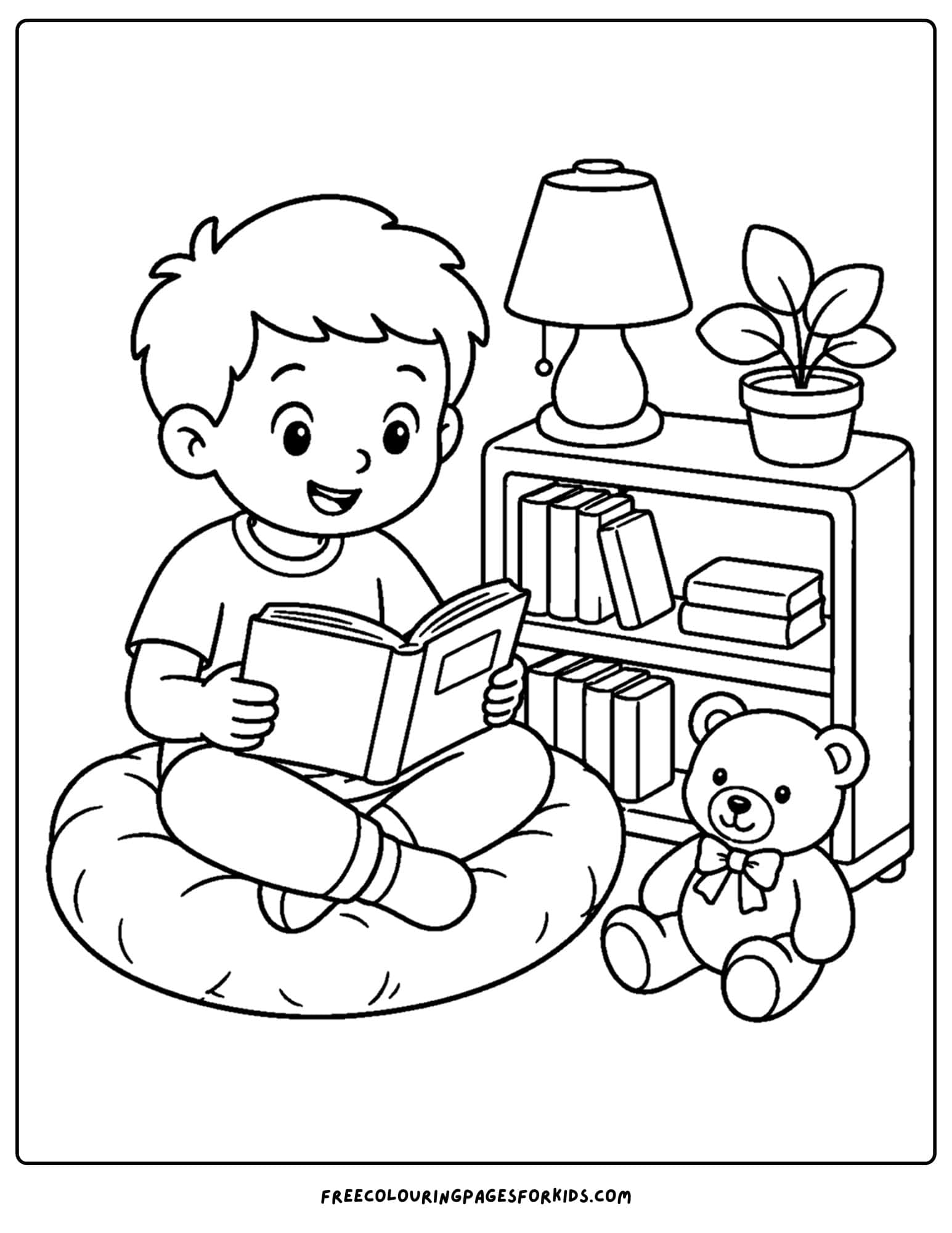 a back to school coloring page showing a child sitting in a corner reading a book