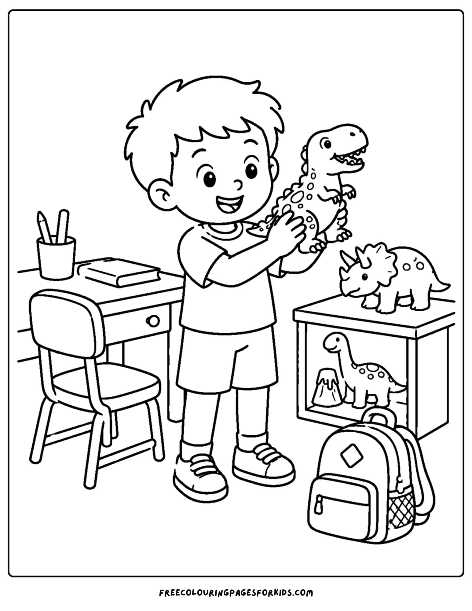 a back to school coloring page showing a child doing show and tell with a toy dinosaur