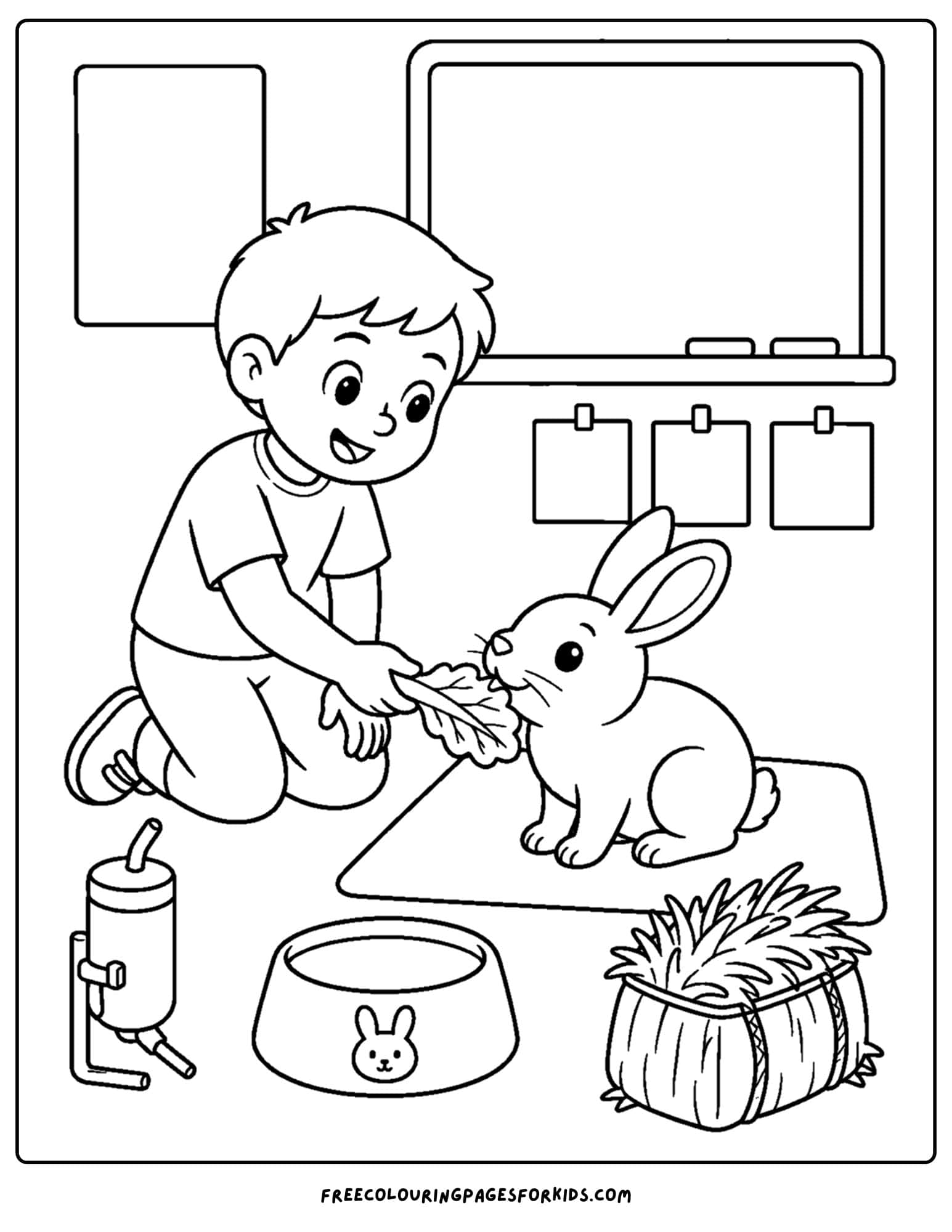 a back to school coloring page showing a child feeding the school pet bunny
