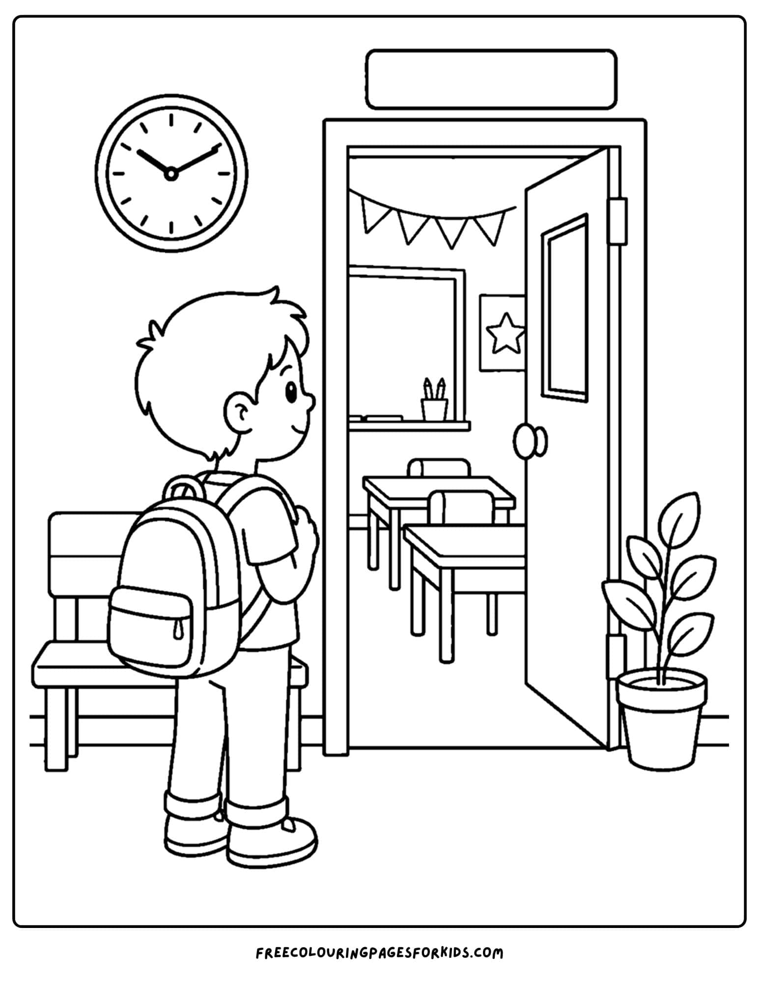 a back to school coloring page showing a child finding their classroom