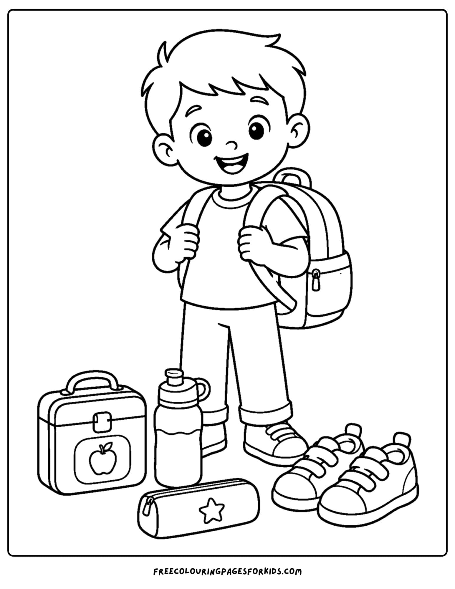a back to school coloring page showing a child with their backpack ready for school
