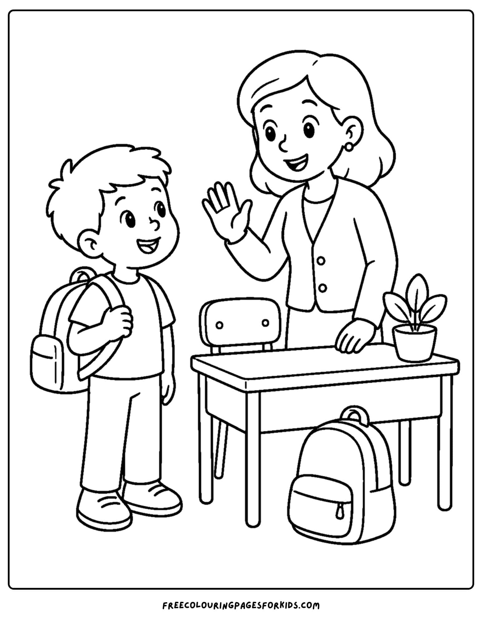 a back to school coloring page showing a child meeting their teacher