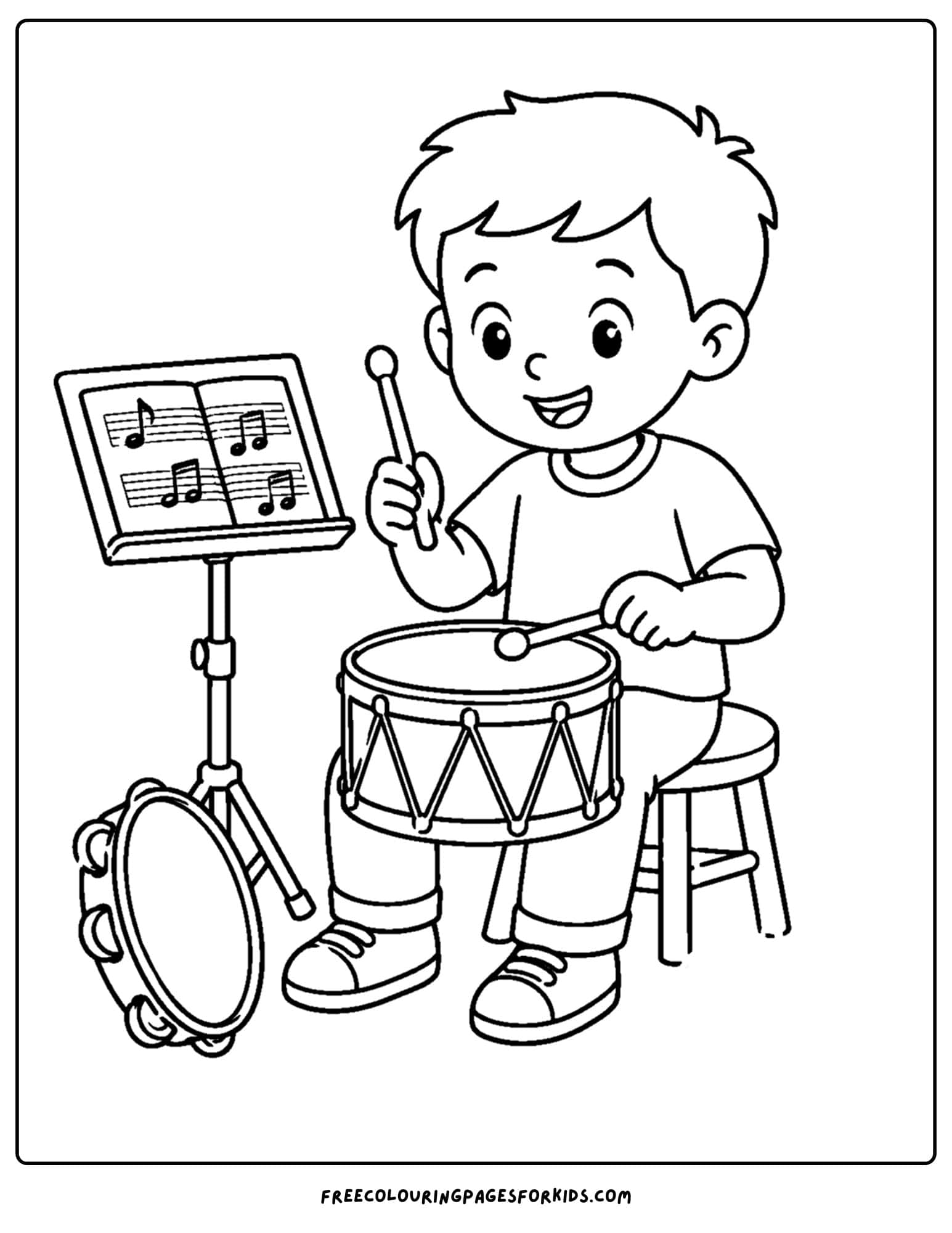 a back to school coloring page showing a child in music class playing the drums
