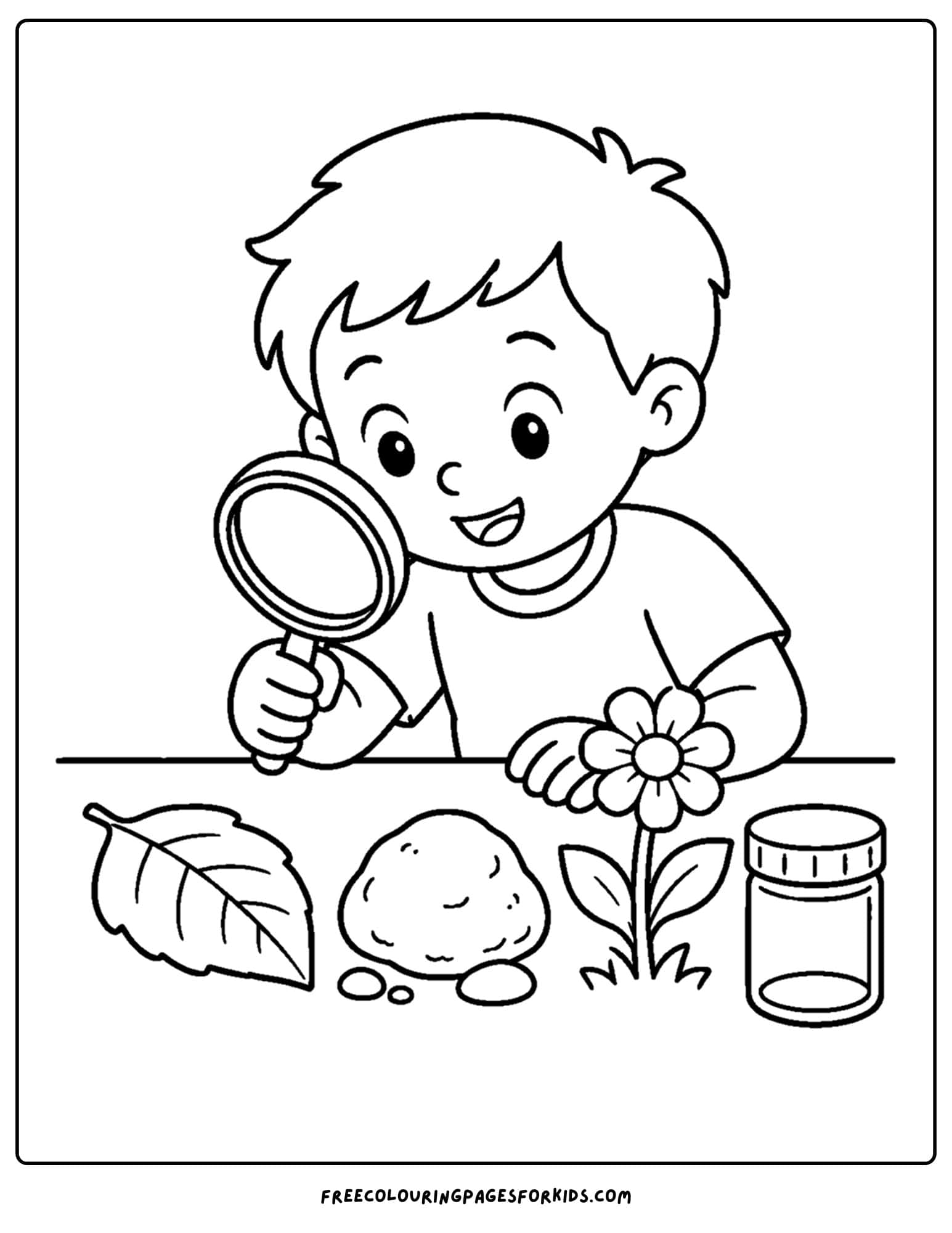 a back to school coloring page showing a child looking at nature with a magnifying glass