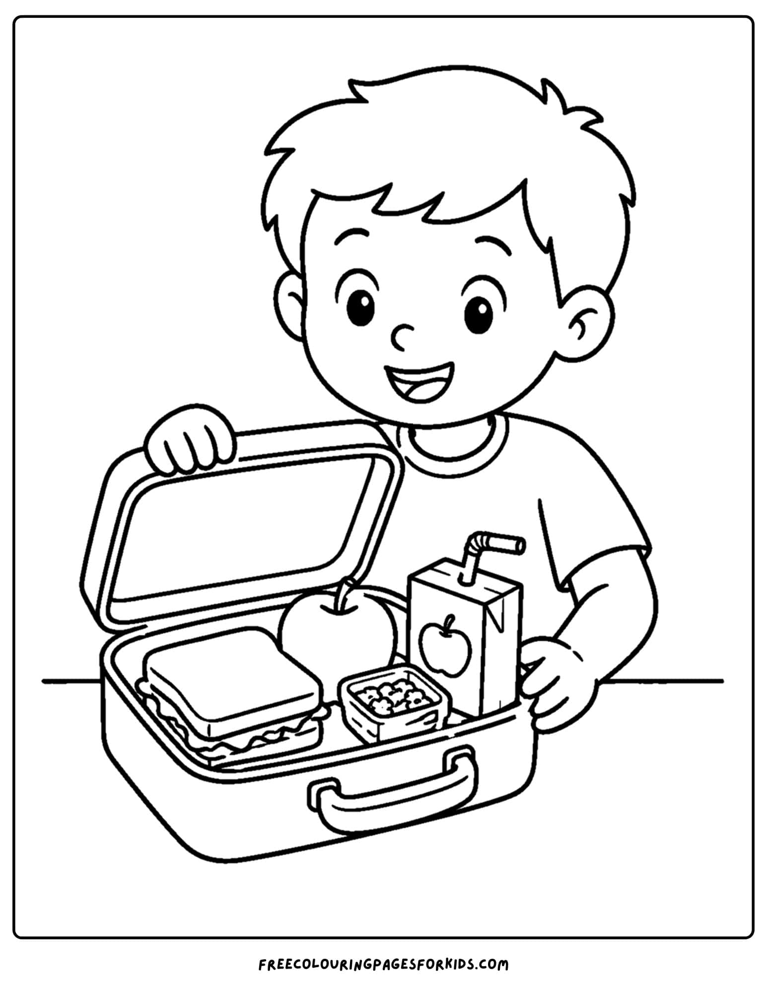 a back to school coloring page showing a child opening their lunch box