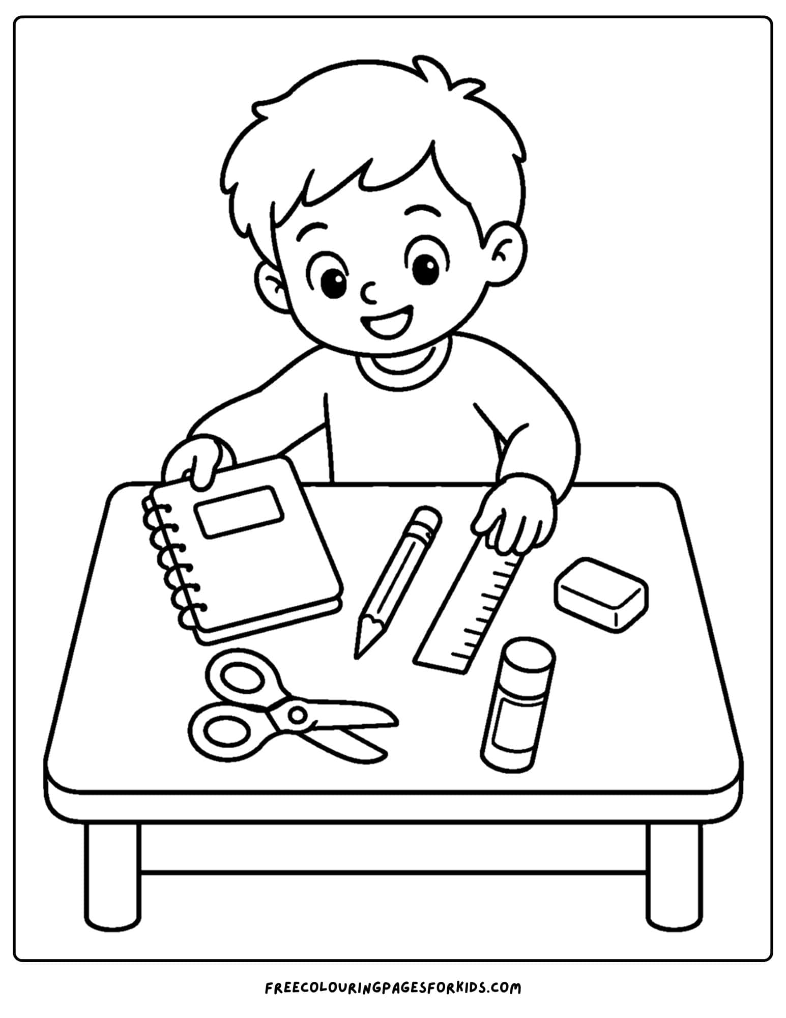 a back to school coloring page showing a child organising their desk with school supplies