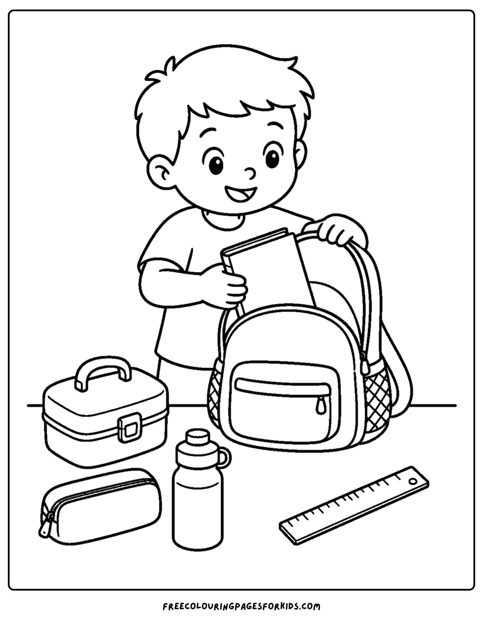 a back to school coloring page showing a child packing their school bag