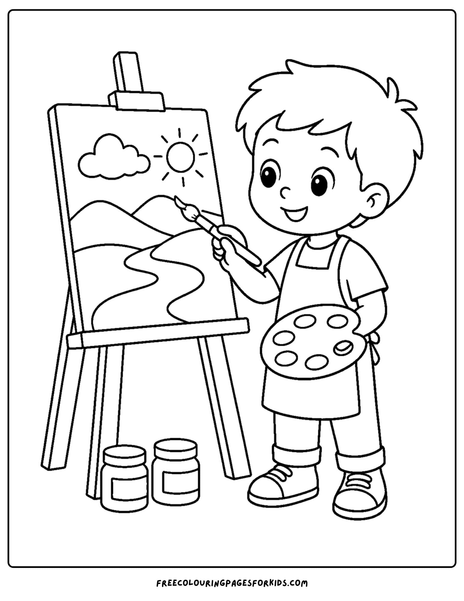a back to school coloring page showing a child painting on an easel in art class