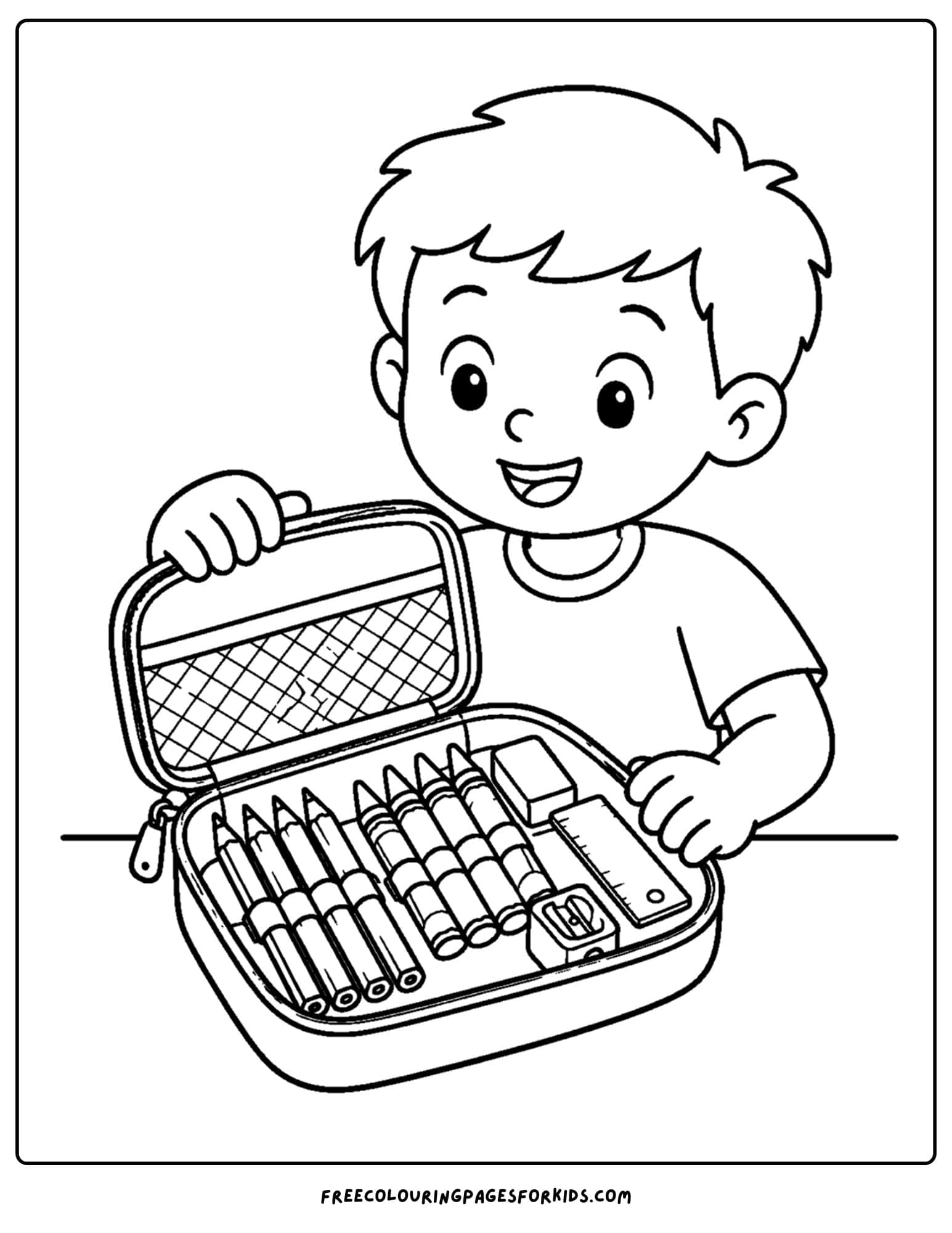 a back to school coloring page showing looking in their pencil case