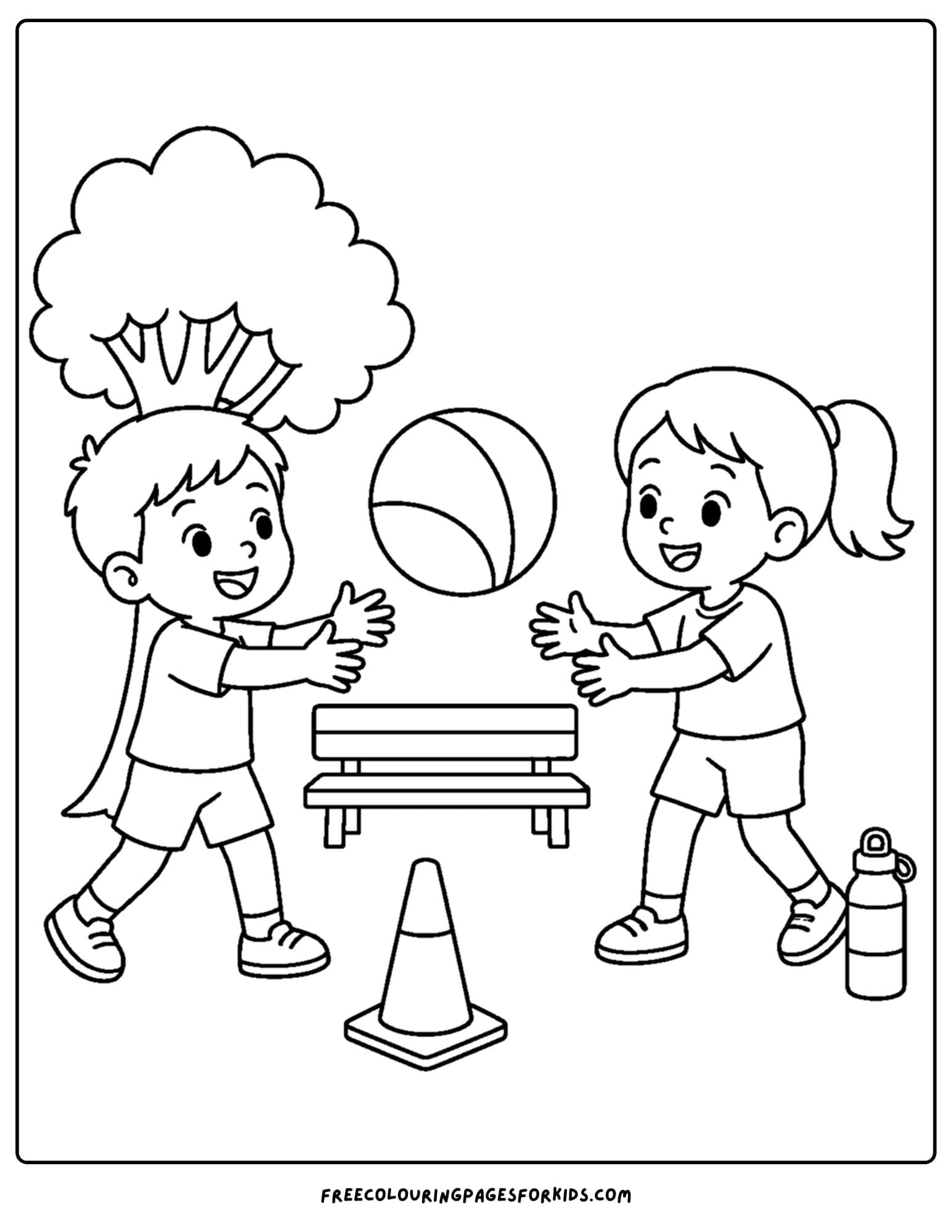a back to school coloring page showing kids playing with a ball in the playground