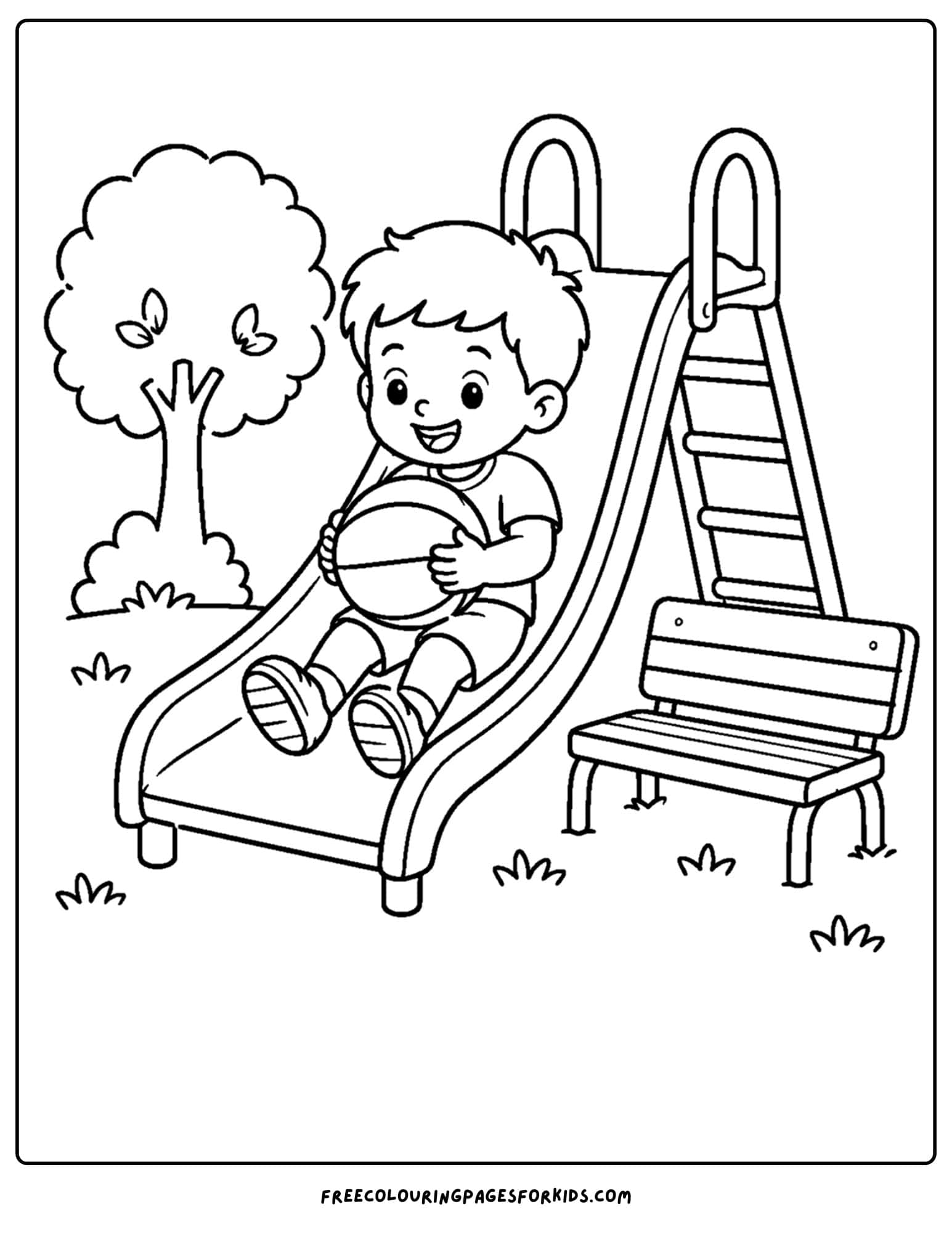 a back to school coloring page showing a child on a slide