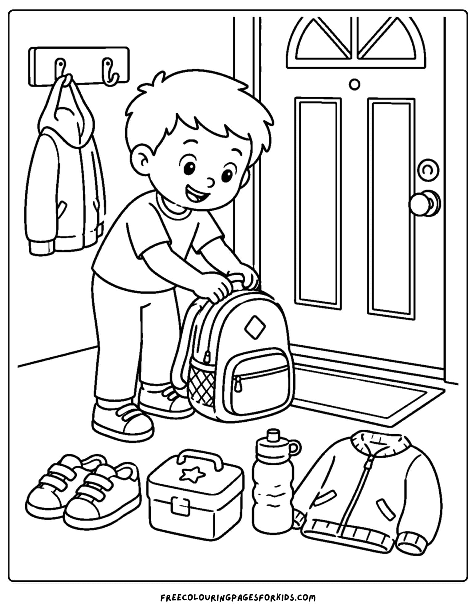 a back to school coloring page showing a child packing their bag ready fofr school tomorrow
